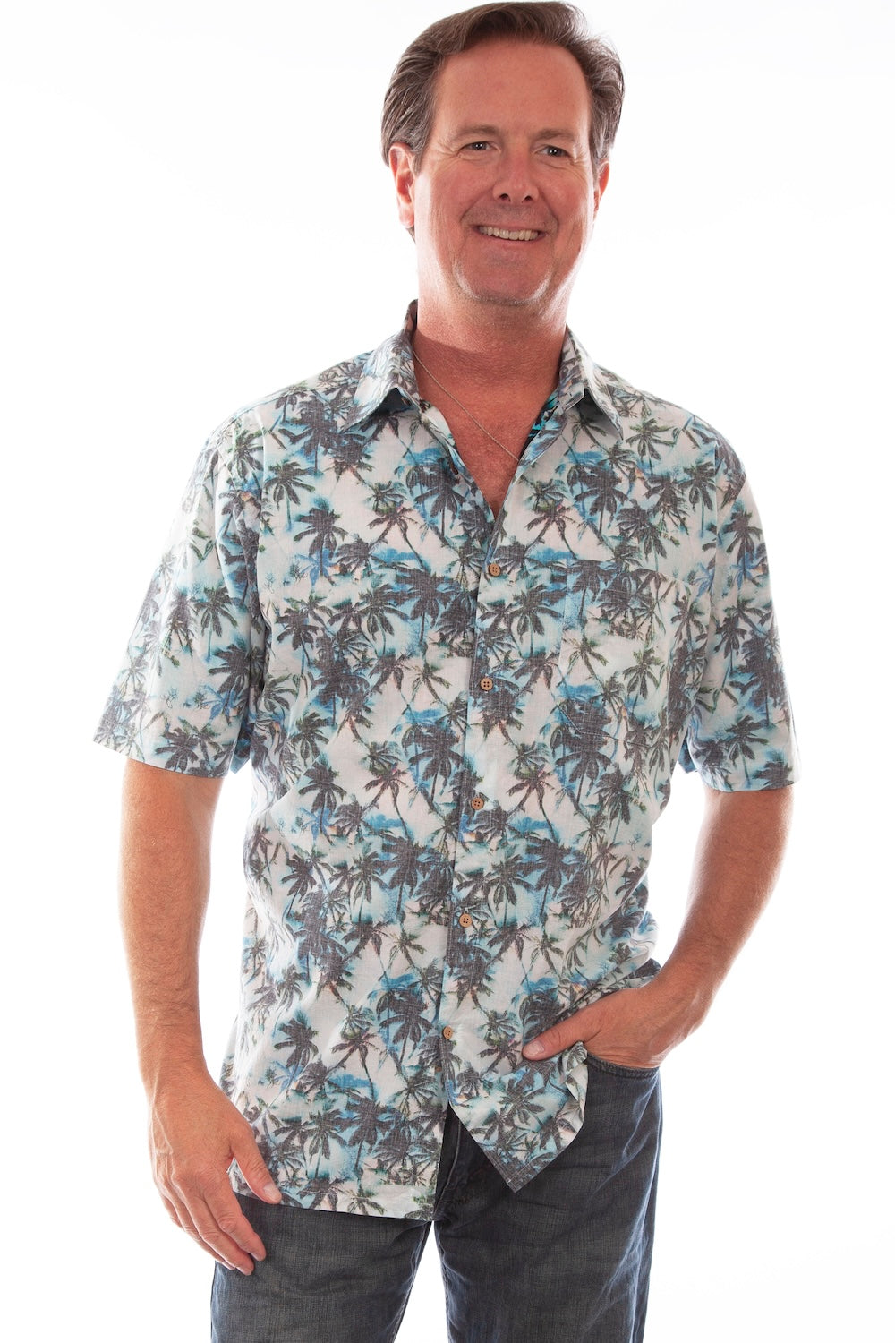 Scully Western Men's Palm Tree Floral Print Short Sleeve Button Down Shirt in White and Turquoise