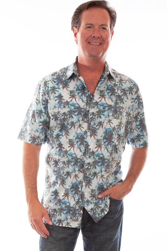 Scully Western Men's Palm Tree Floral Print Short Sleeve Button Down Shirt in White and Turquoise