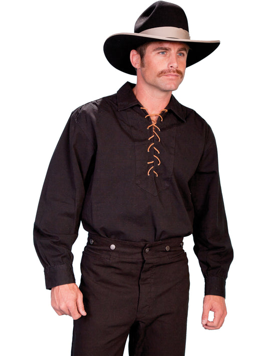 Scully Western Men's Leather Long Sleeve Lace Up Front Shirt in Black