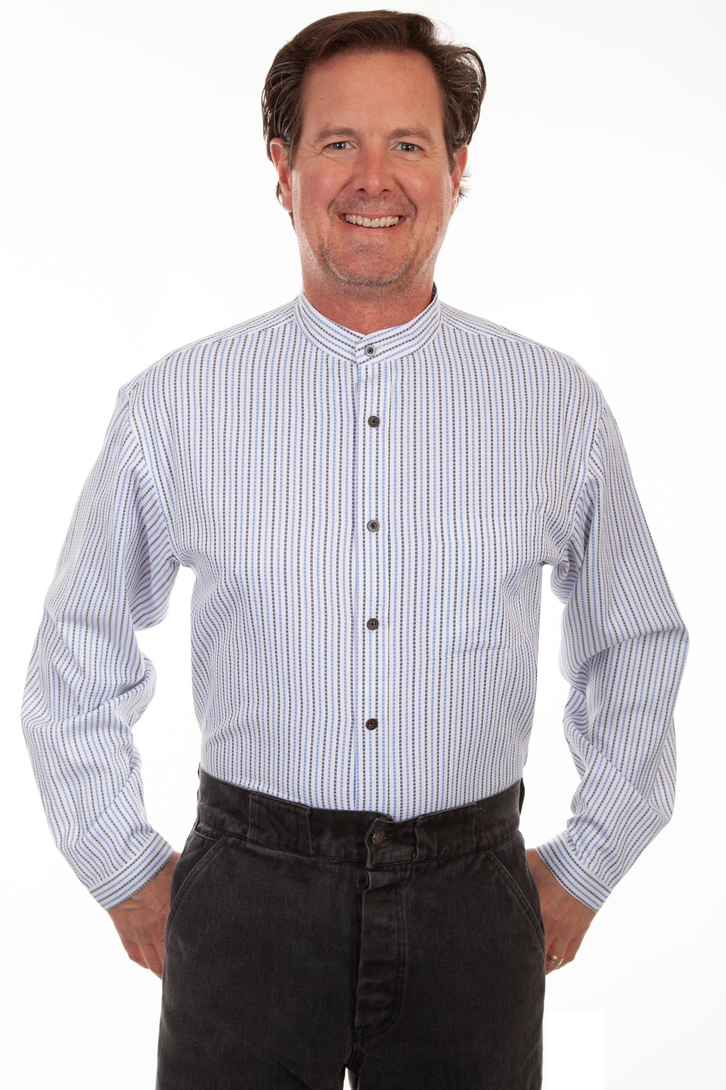 Scully RangeWear Men's Button Front Shirt with Band Collar in Blue
