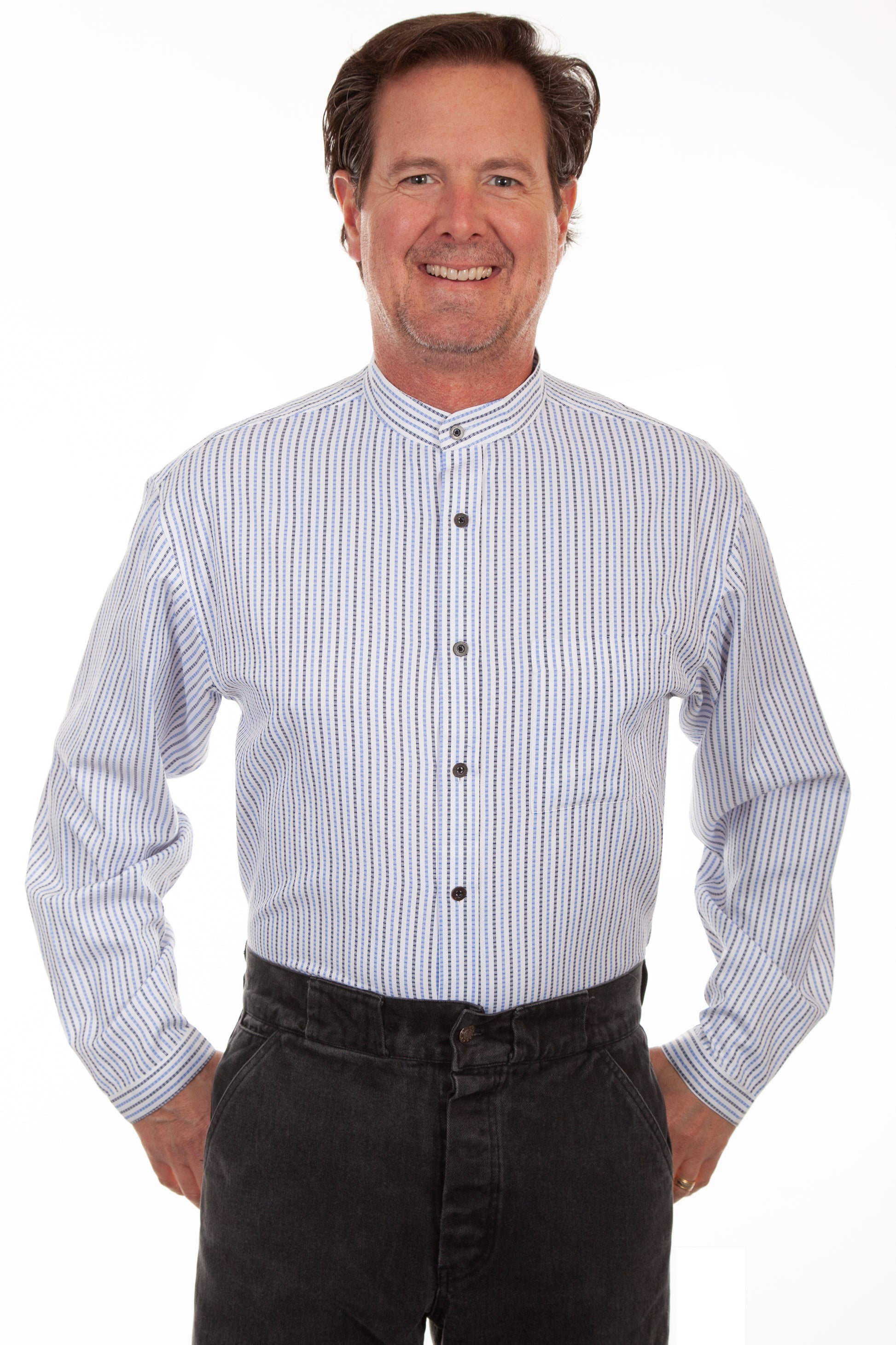 Scully RangeWear Men's Button Front Shirt with Band Collar in Blue