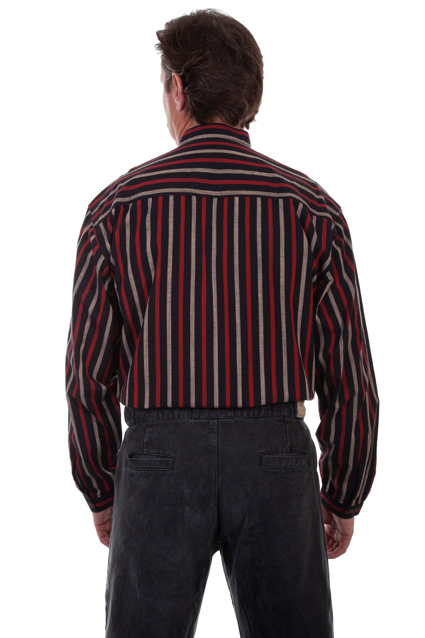 Scully RangeWear Men's Stripe Button Front with Band Collar in Black