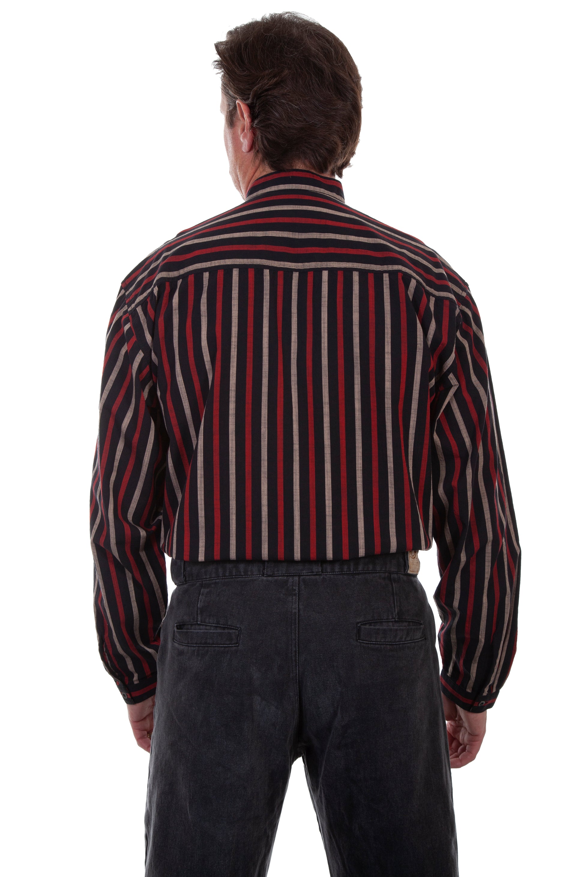 Scully RangeWear Men's Stripe Button Front with Band Collar in Black