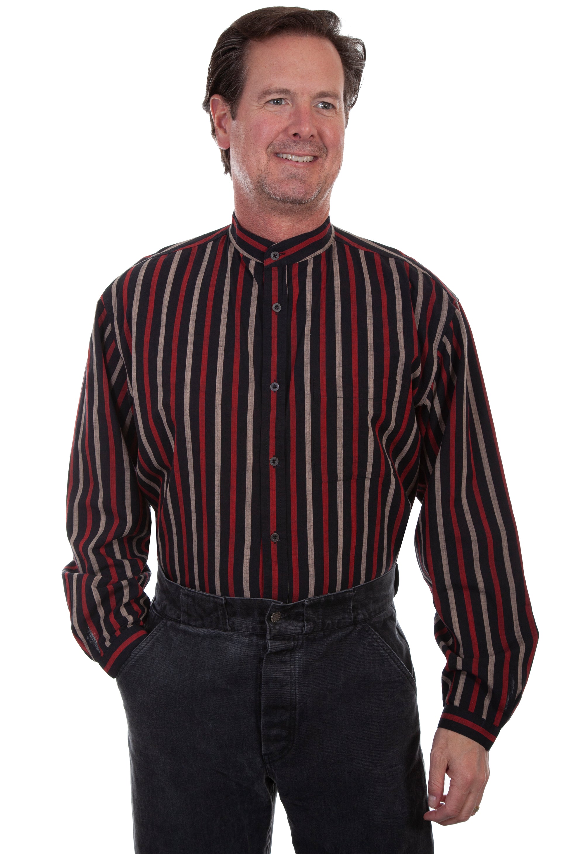 Scully Western Men's Stripe Button Front with Band Collar in Black