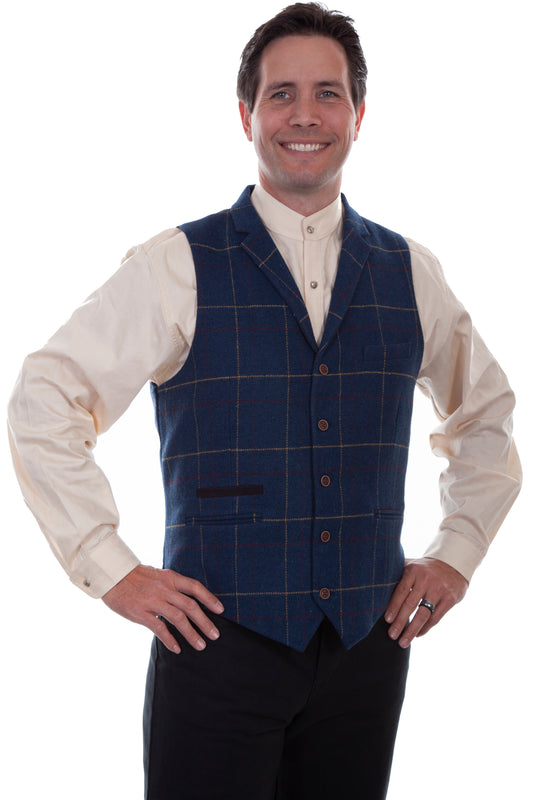 Scully Men's Plaid 4 Pocket Point Bottom Vest in Blue