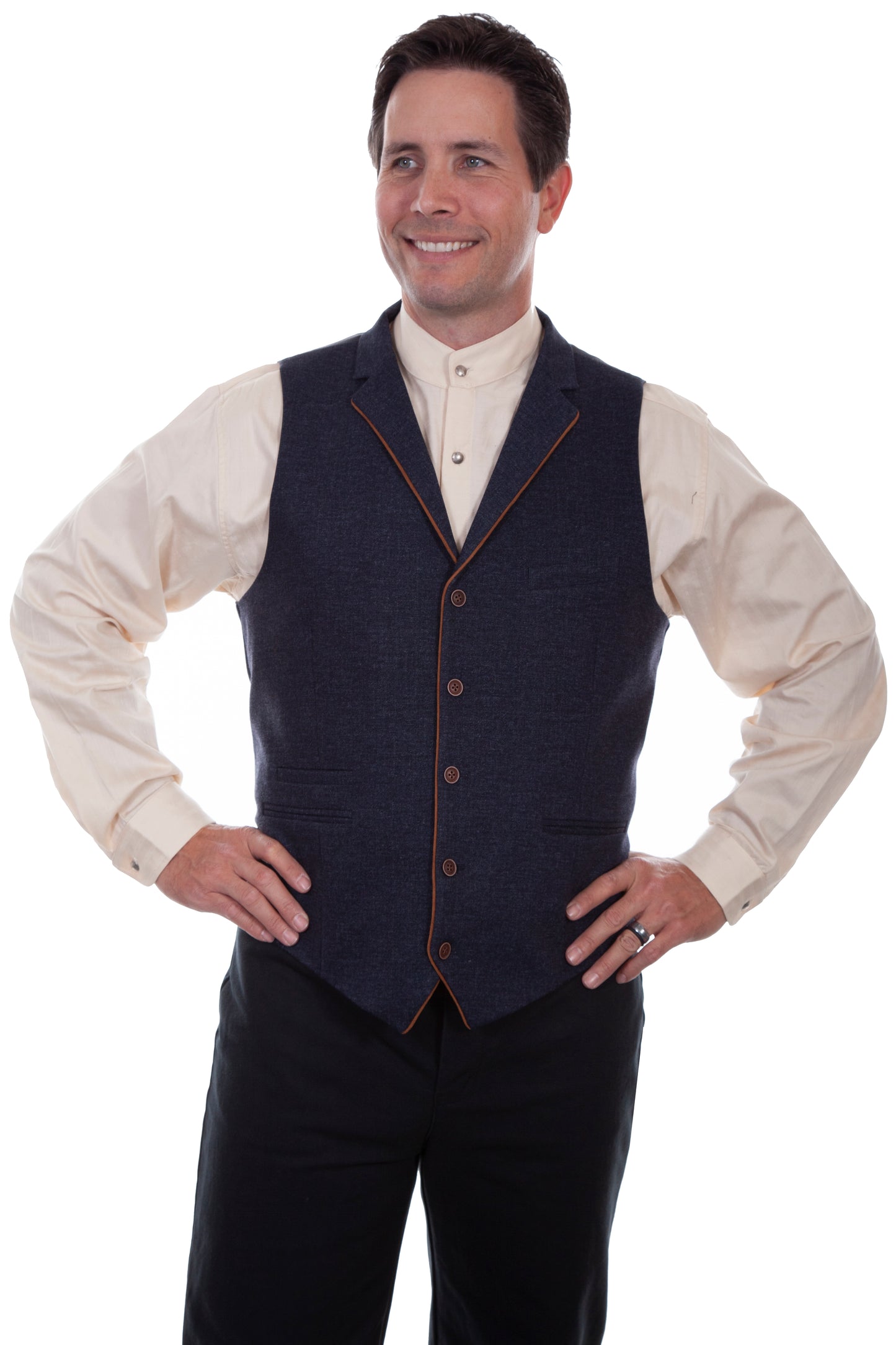 Scully Western Men's Solid 4 Pocket Vest with Piping Pointbt in Blue