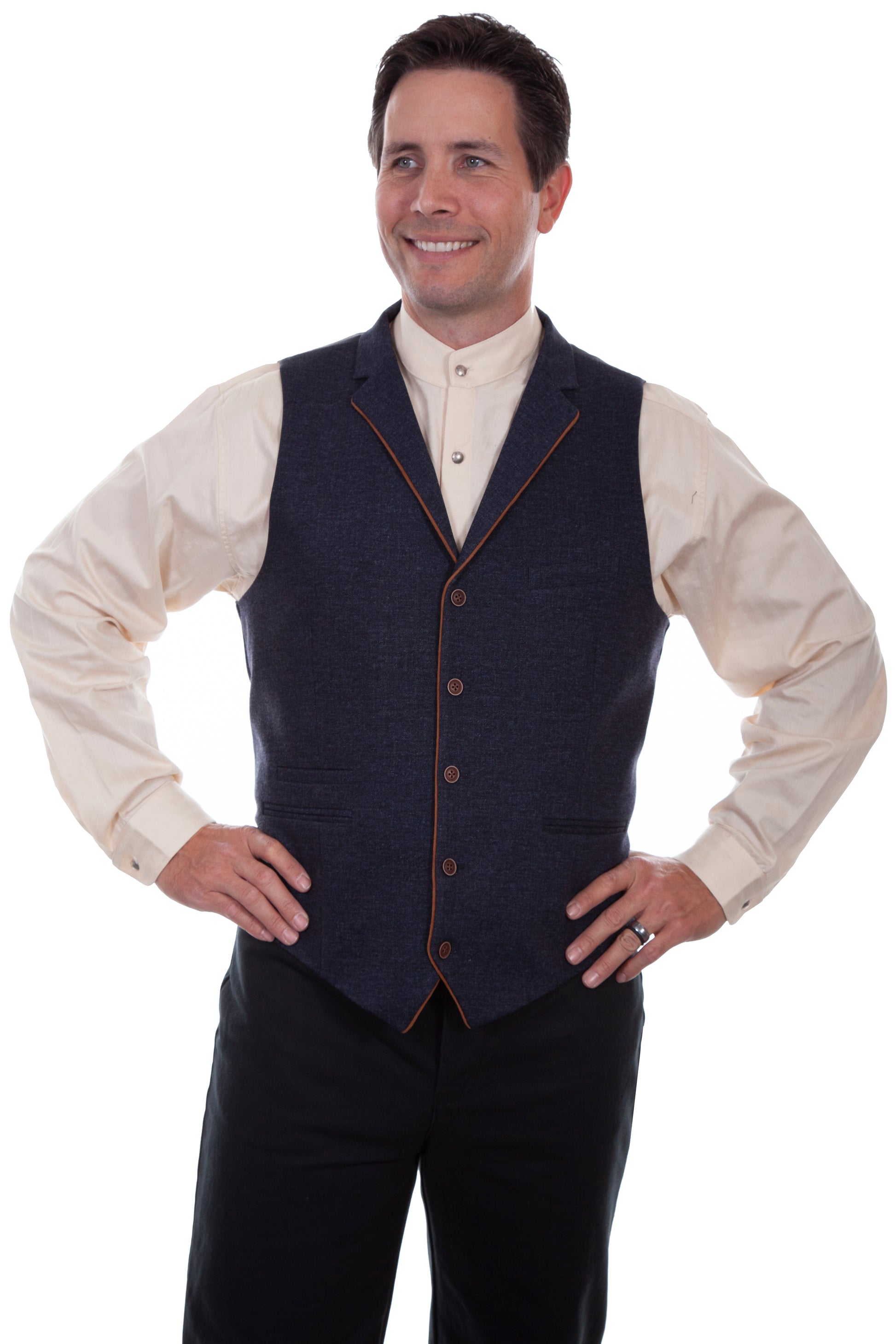 Scully Western Men's Solid 4 Pocket Vest with Piping Pointbt in Blue