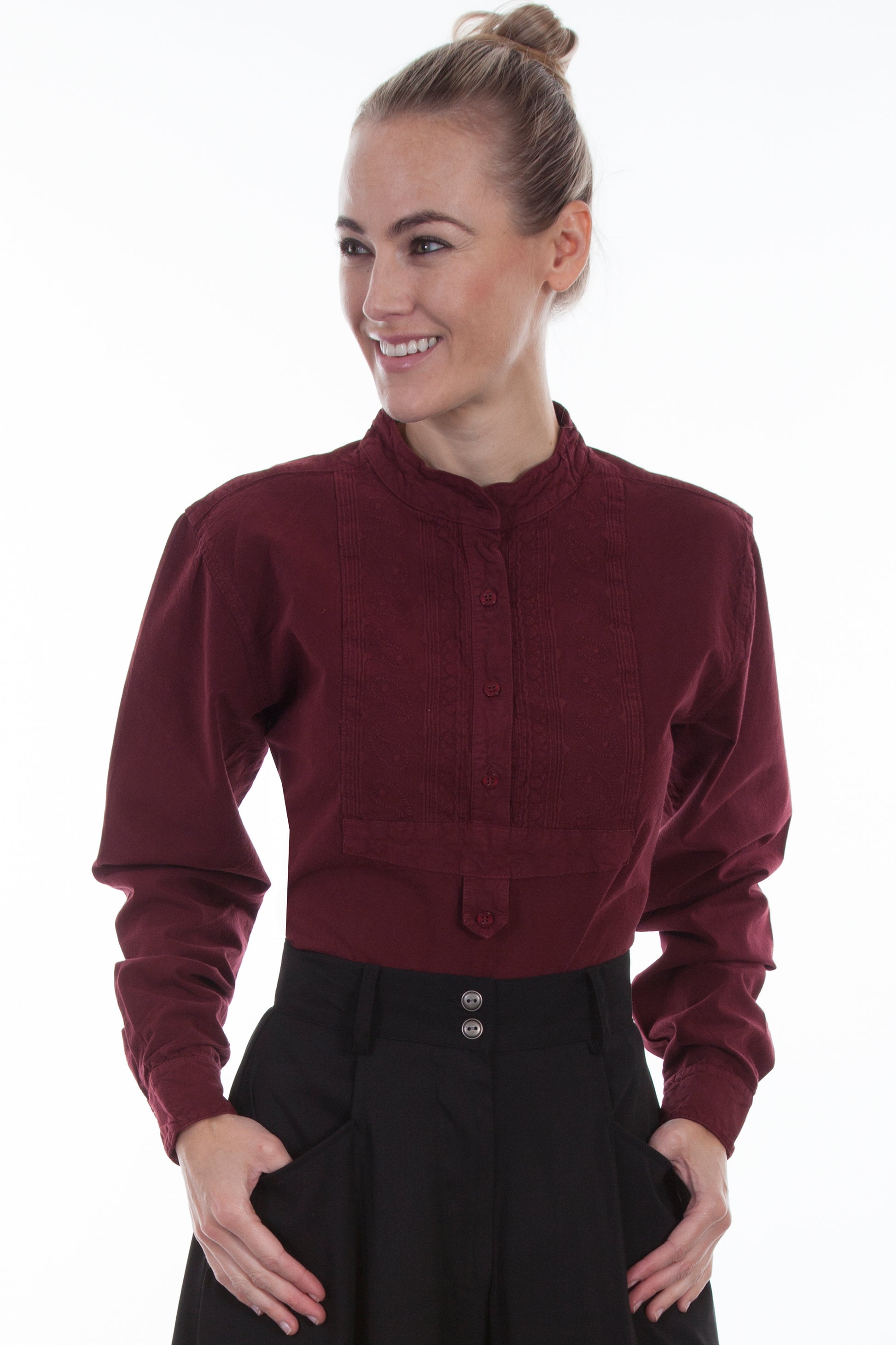 Scully RangeWear Women's Paisley Bib Front Blouse in Burgundy Paisley