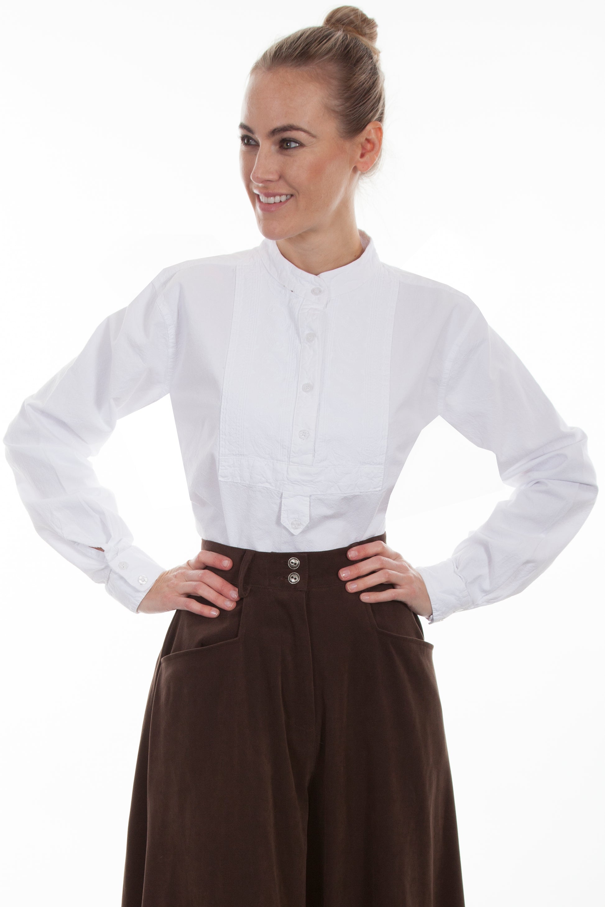 Scully RangeWear Women's Paisley Bib Front Blouse in Burgundy in White