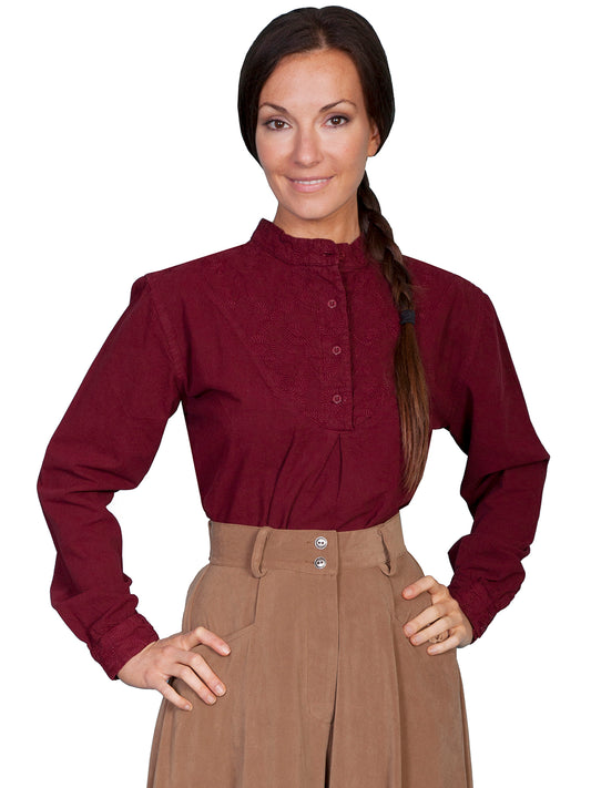 Scully Women's Embroidered Cotton Long Sleeve Blouse in Burgundy