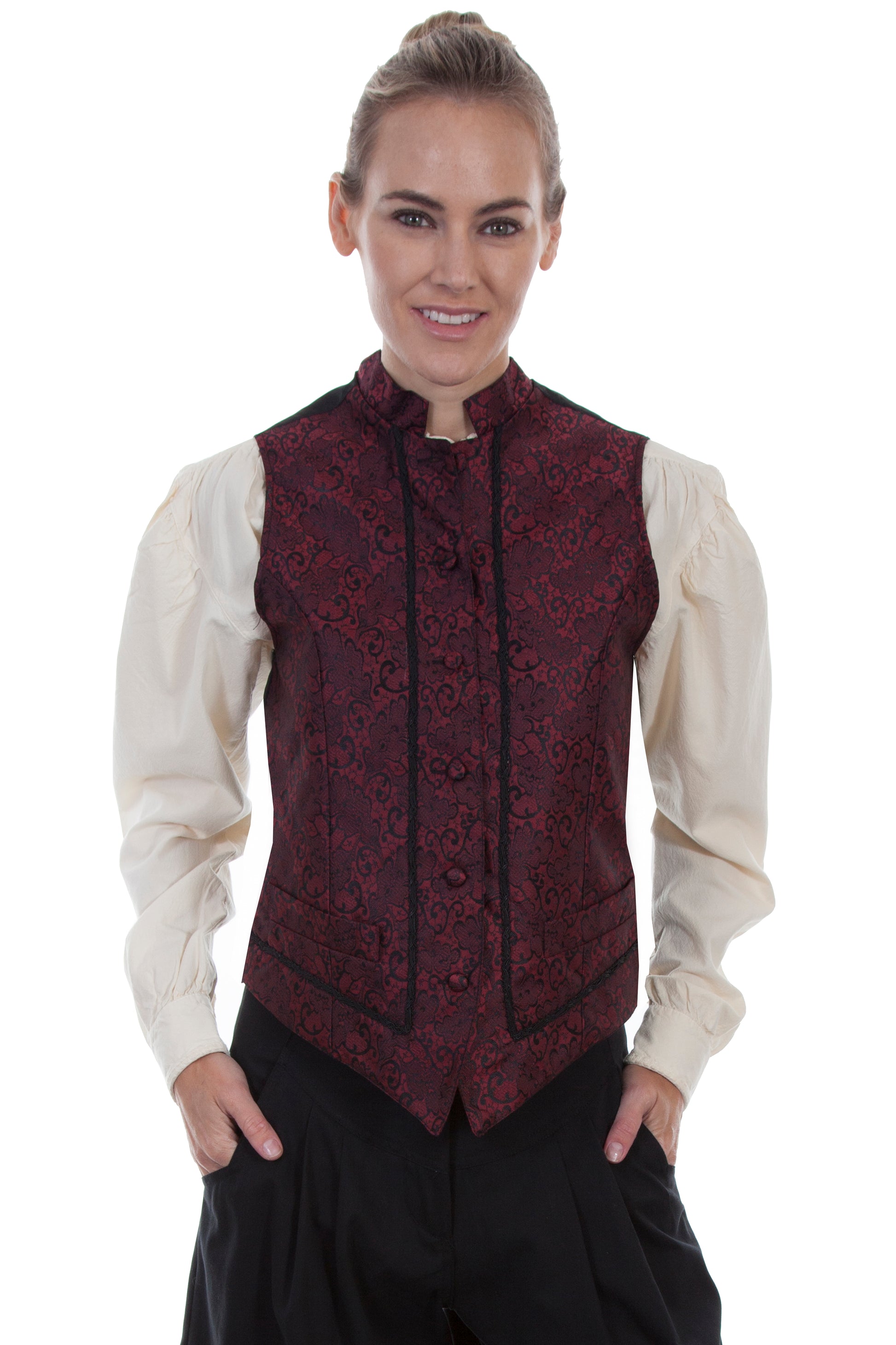 Scully RangeWear Women's Band Collar Vest with Rick-rack Front in Red
