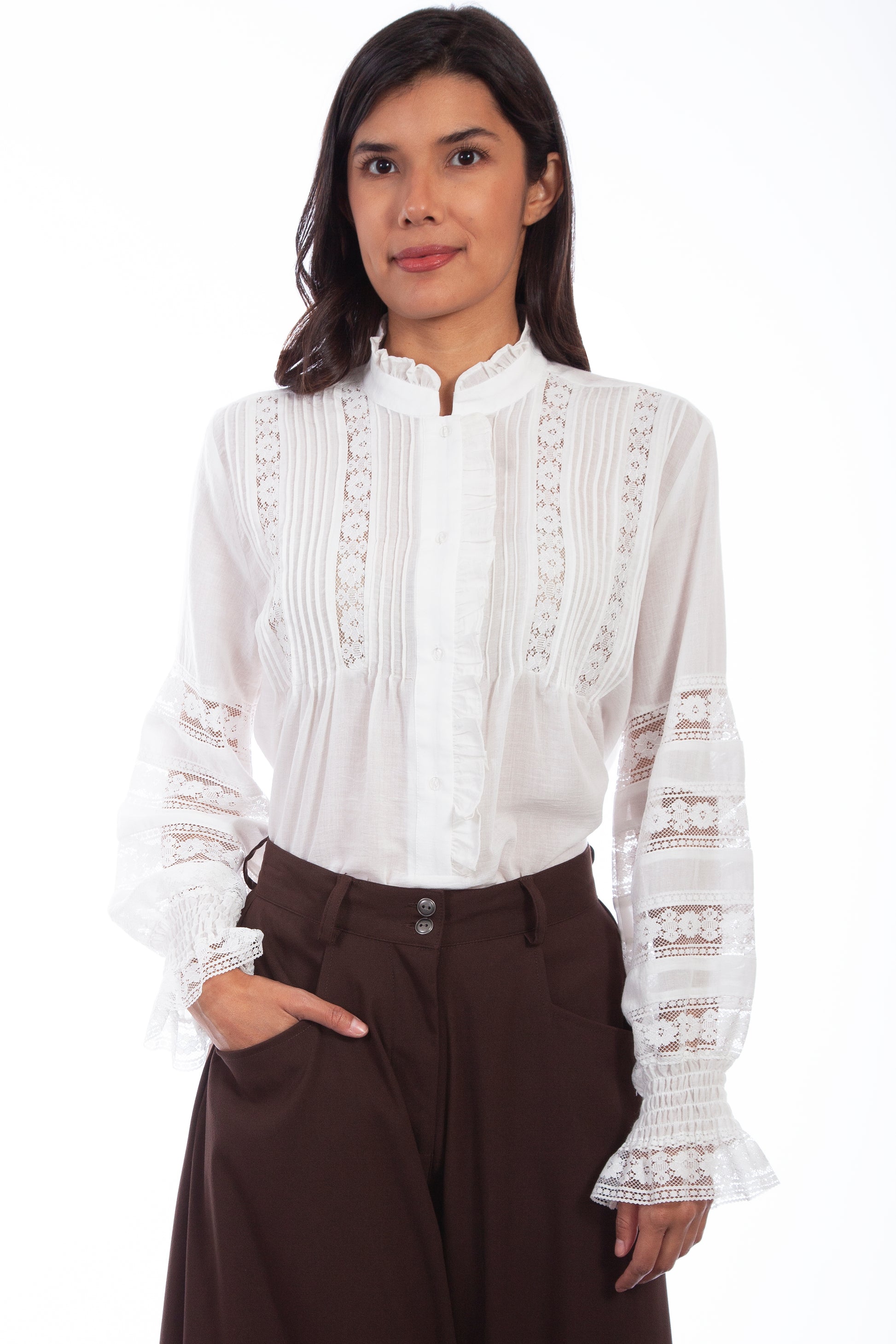 Scully Western Women's Crochet Trim Poet Blouse in White