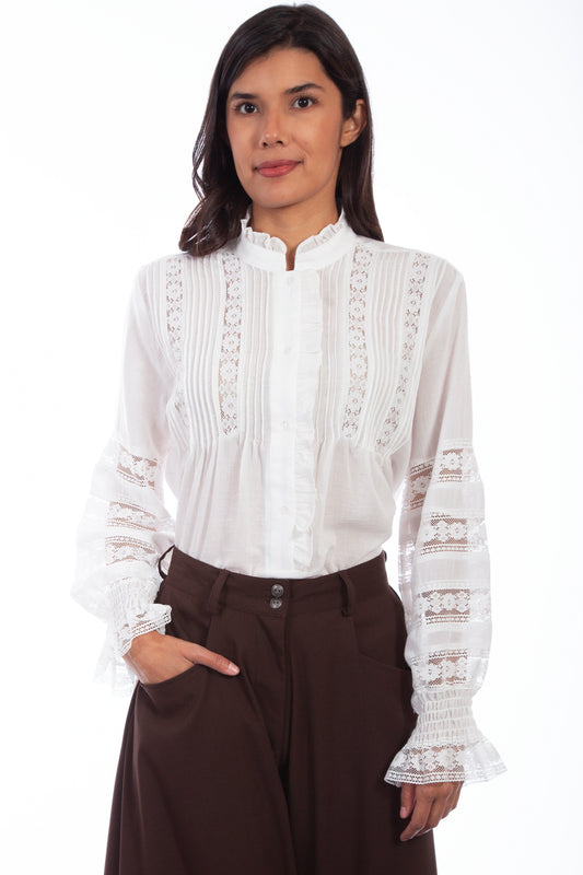 Scully Western Women's Crochet Trim Poet Blouse in White