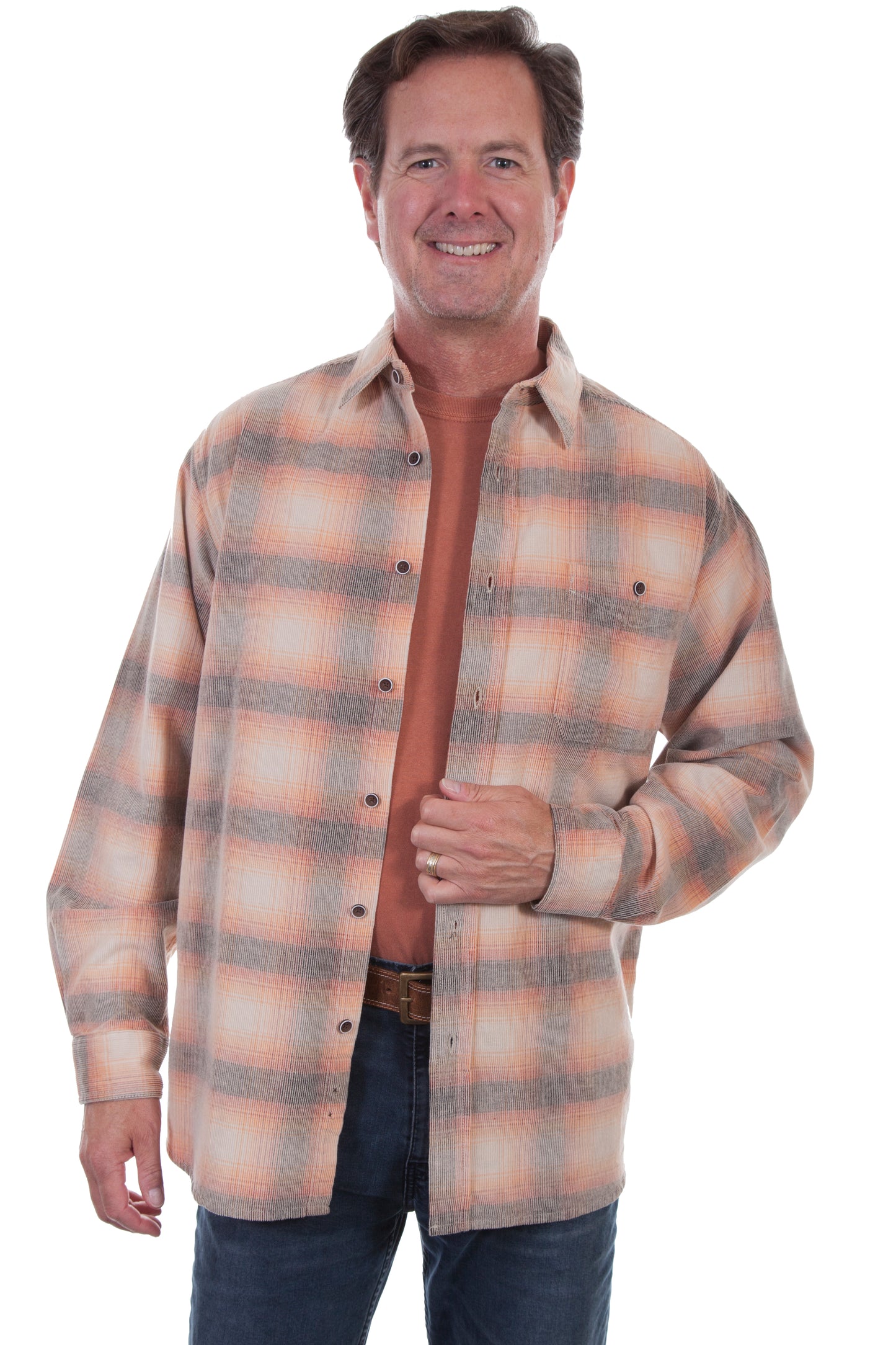 Scully Western Men's Yarn Dyed Corduroy Plaid Shirt in in Orange-Black