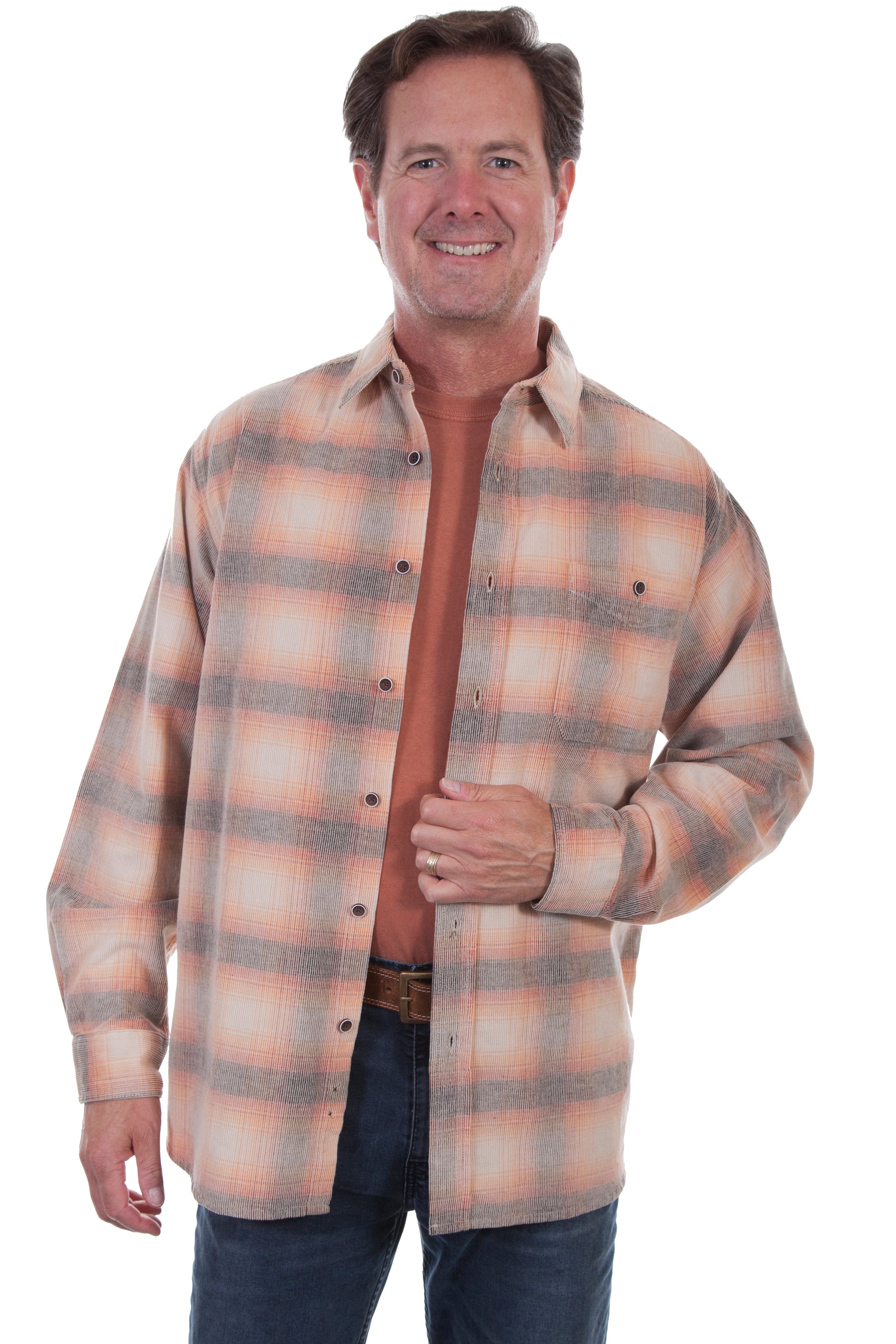 Scully Western Men's Yarn Dyed Corduroy Plaid Shirt in in Orange-Black