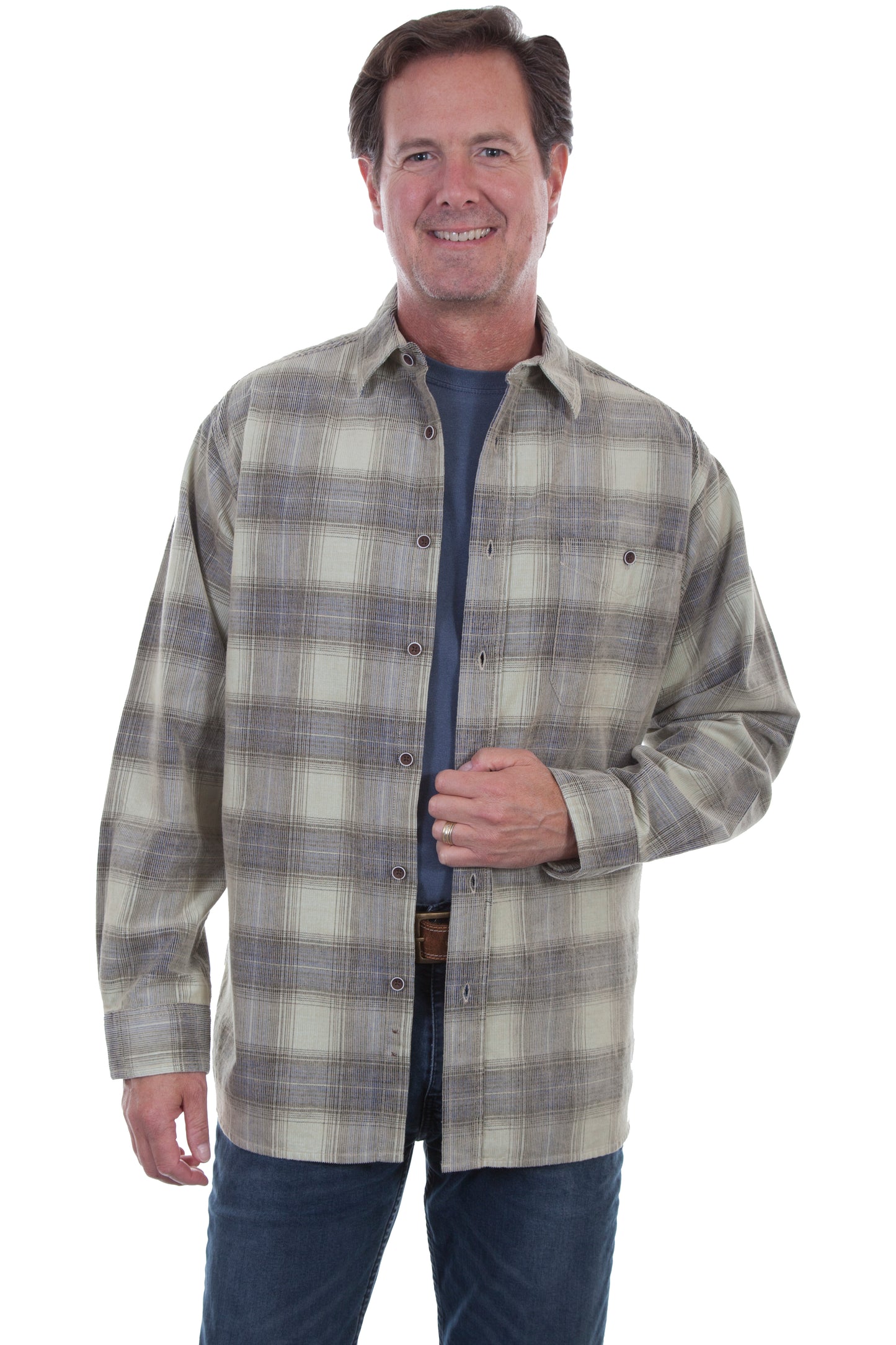 Scully Western Men's Yarn Dyed Corduroy Plaid Shirt in in Stone-Navy