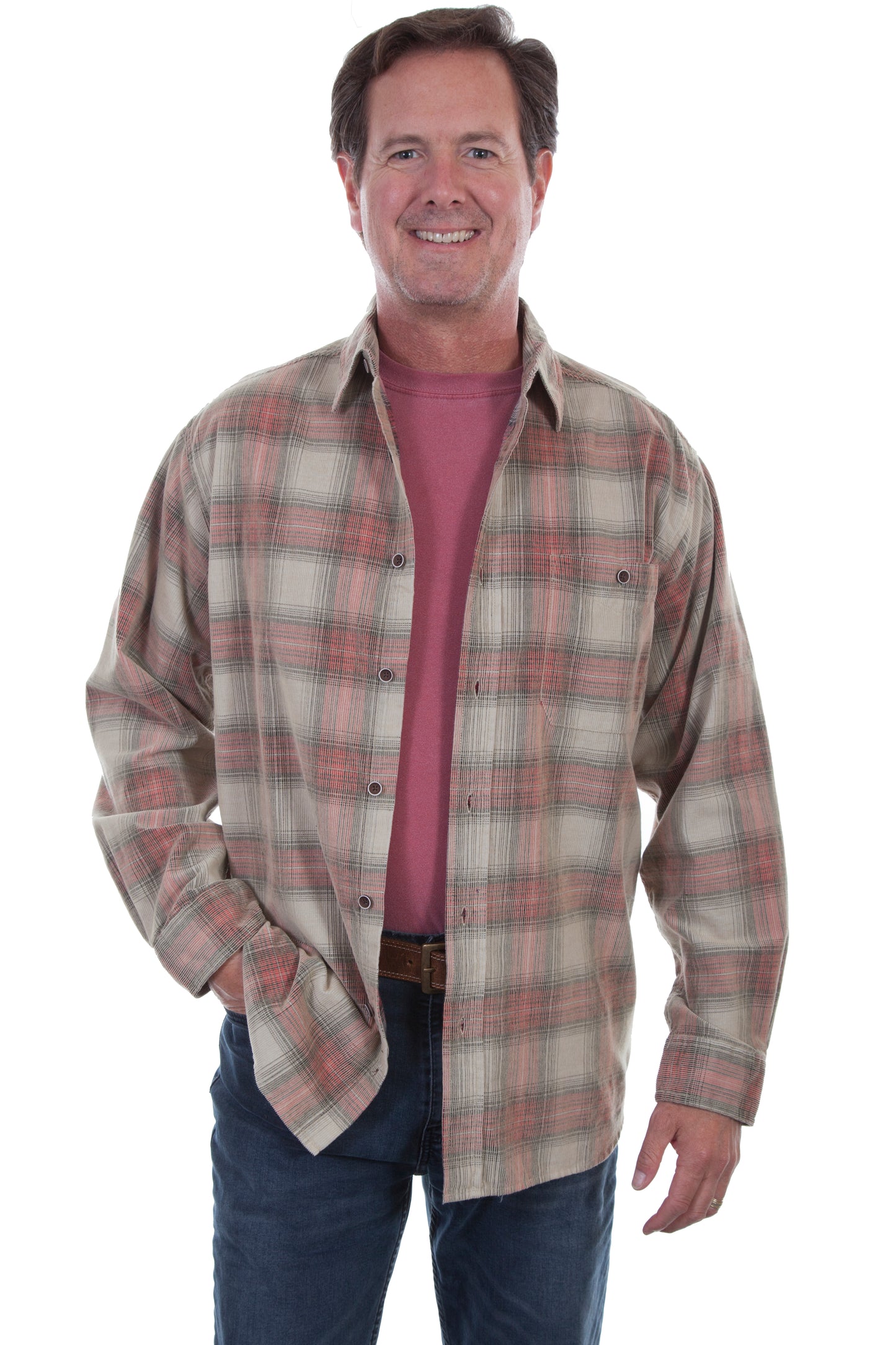 Scully Western Men's Yarn Dyed Corduroy Plaid Shirt in in Stone-Red