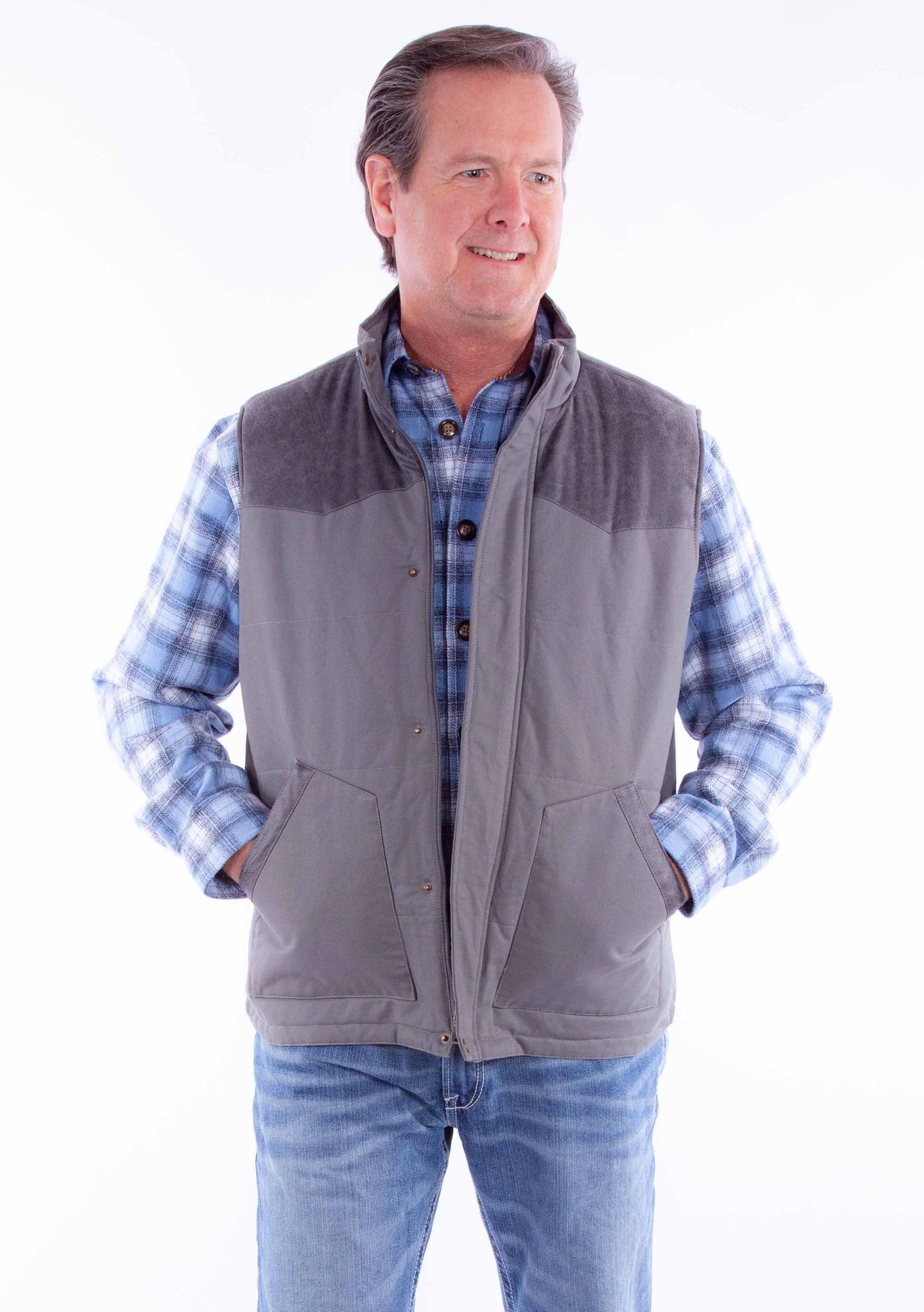 Scully Western Men's Canvas Vest with quilted Plaid Lining in Charcoal