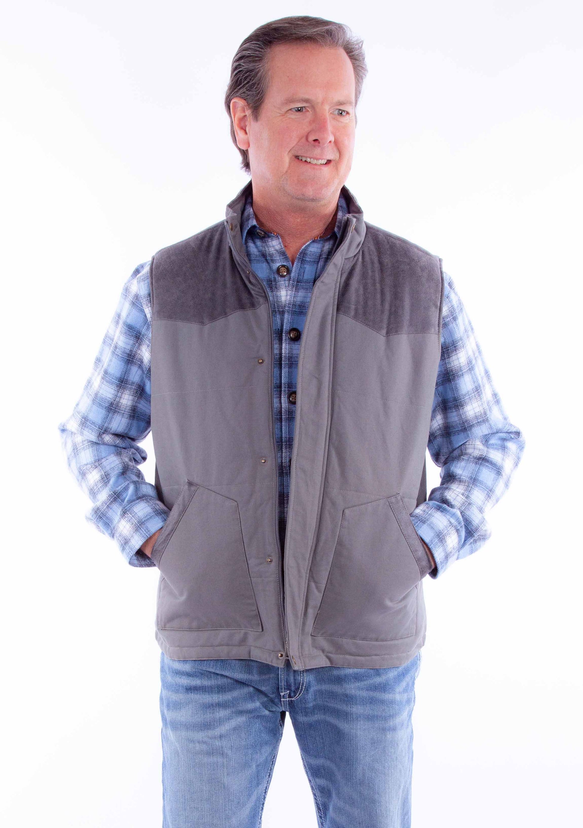 Scully Western Men's Canvas Vest with quilted Plaid Lining in Charcoal
