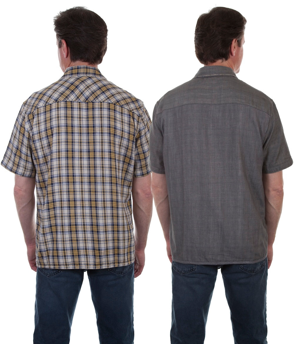 Scully Men's Reversible Short Sleeve Snap Front Shirt in Yellow Plaid and Grey