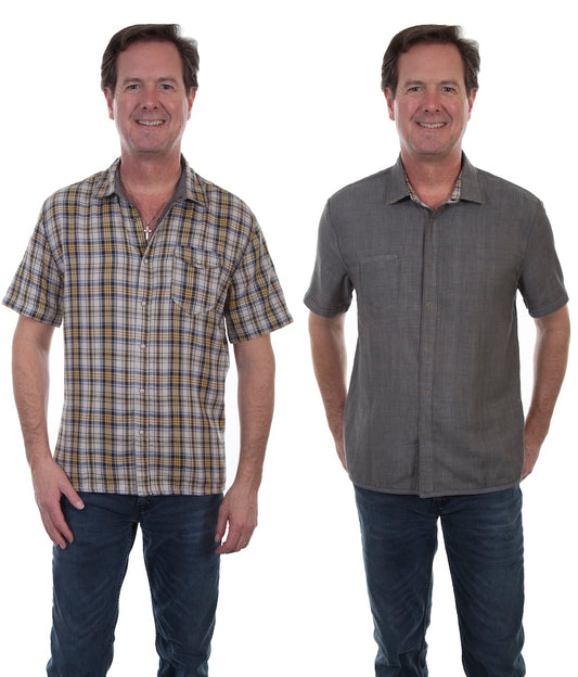 Scully Men's Reversible Short Sleeve Snap Front Shirt in Yellow Plaid and Grey