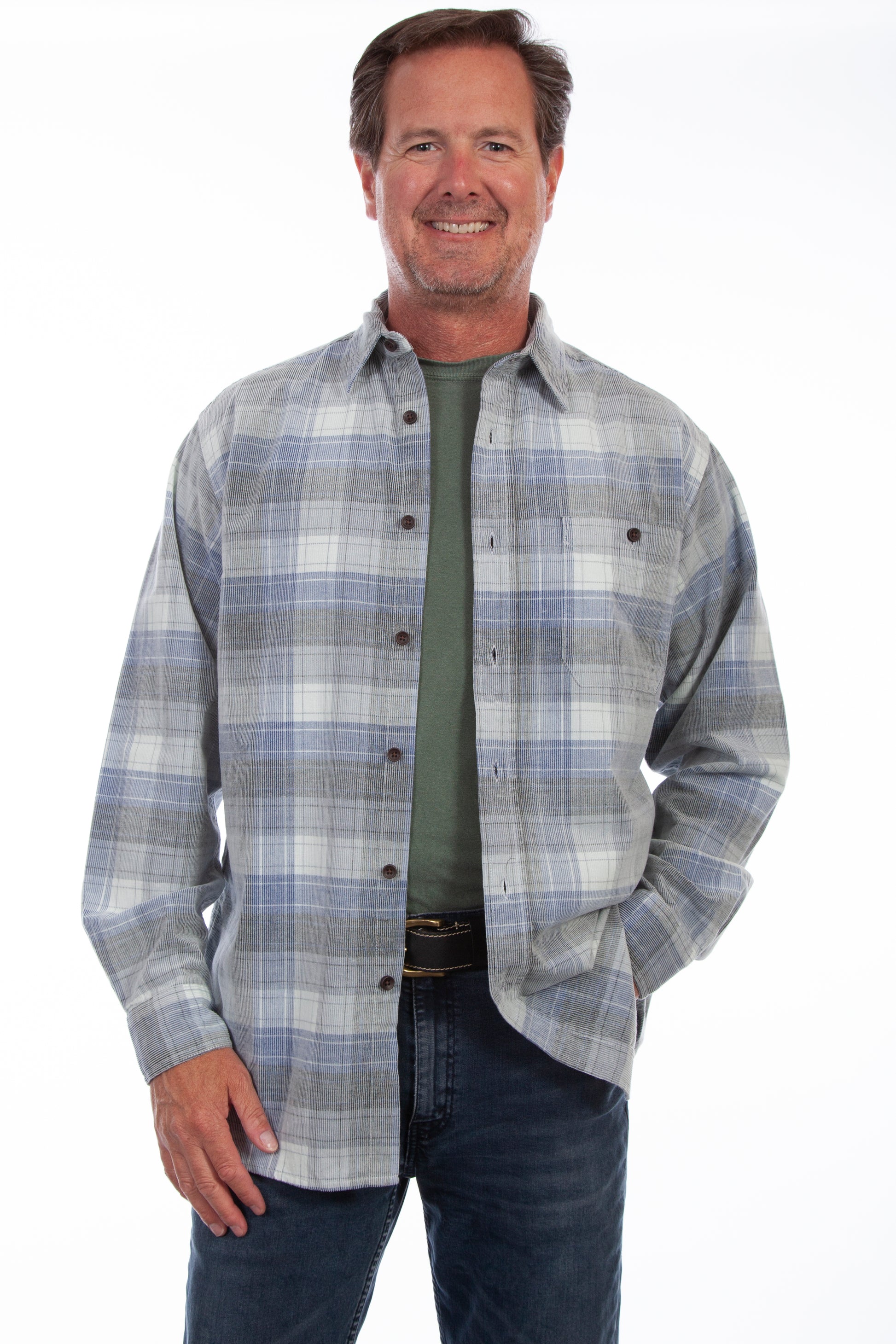 Scully Western Men's Corduroy Plaid Shirt in Blue-Grey