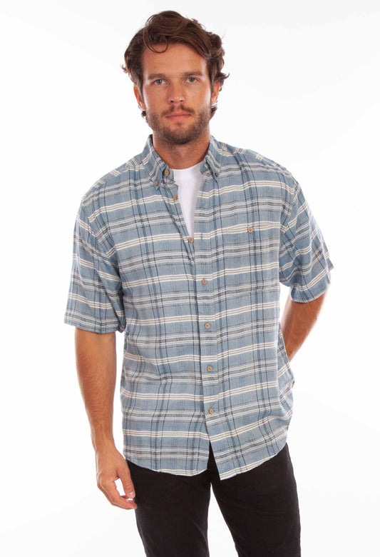 Scully Men's Worn Out's Short Sleeve Plaid Shirt in Blue Plaid