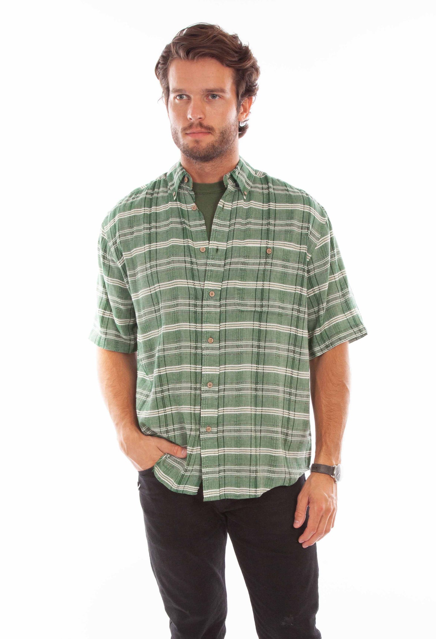 Scully Men's Worn Out's Short Sleeve Plaid Shirt in Green