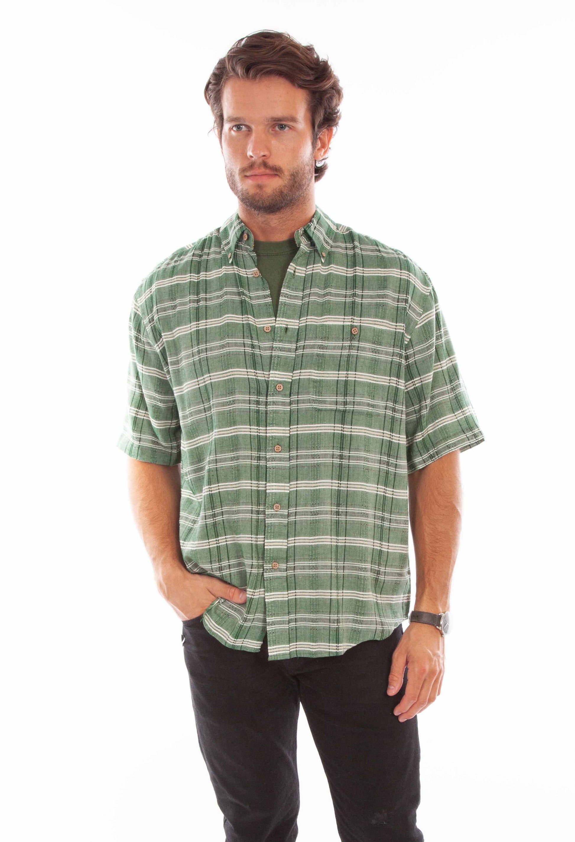 Scully Men's Worn Out's Short Sleeve Plaid Shirt in Green