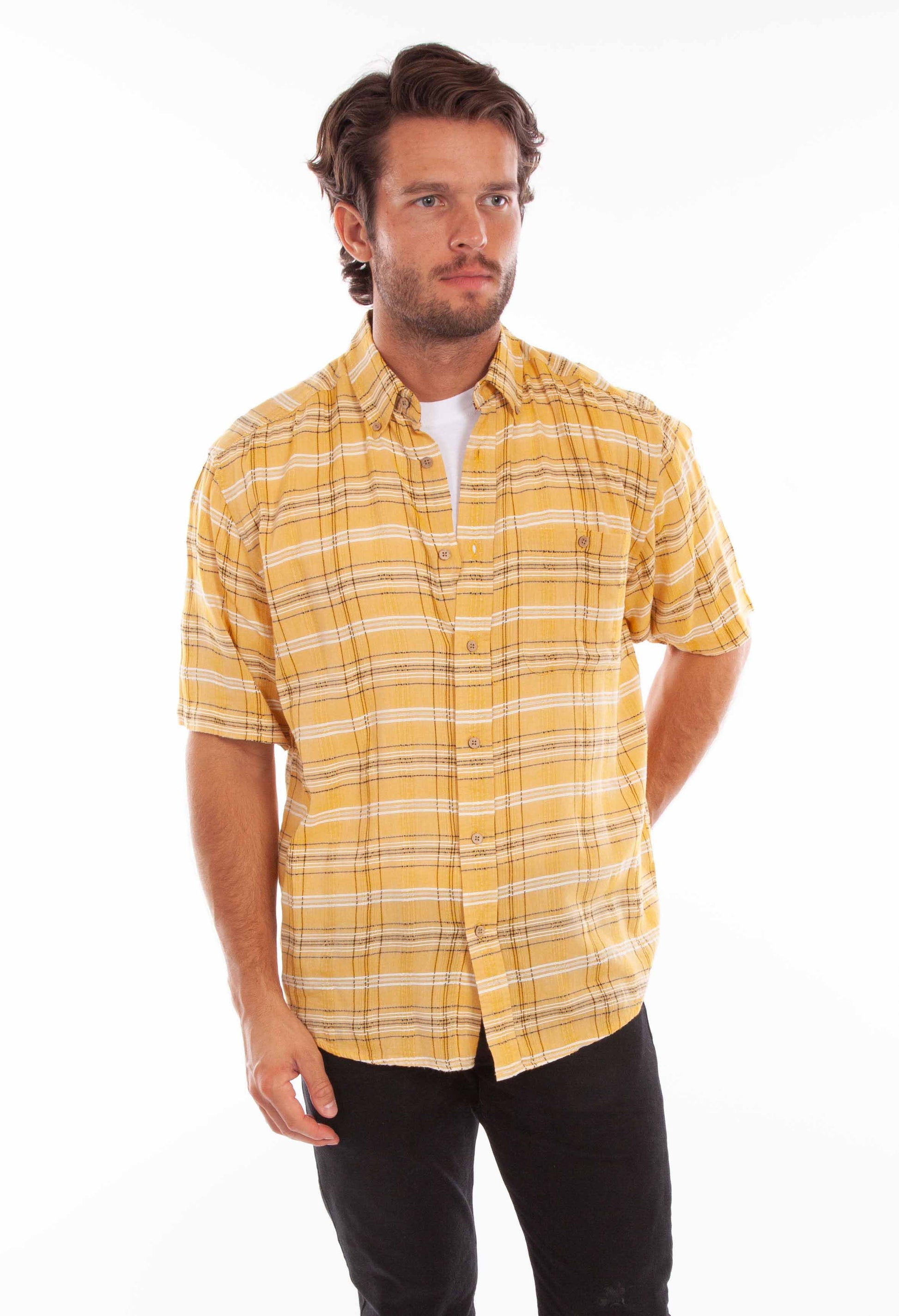 Scully Men's Worn Out's Short Sleeve Plaid Shirt in Yellow