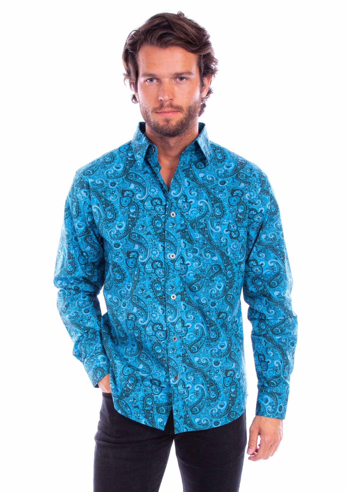 Scully Men's Worn Out's Long Sleeve Shirt in Aqua Paisley