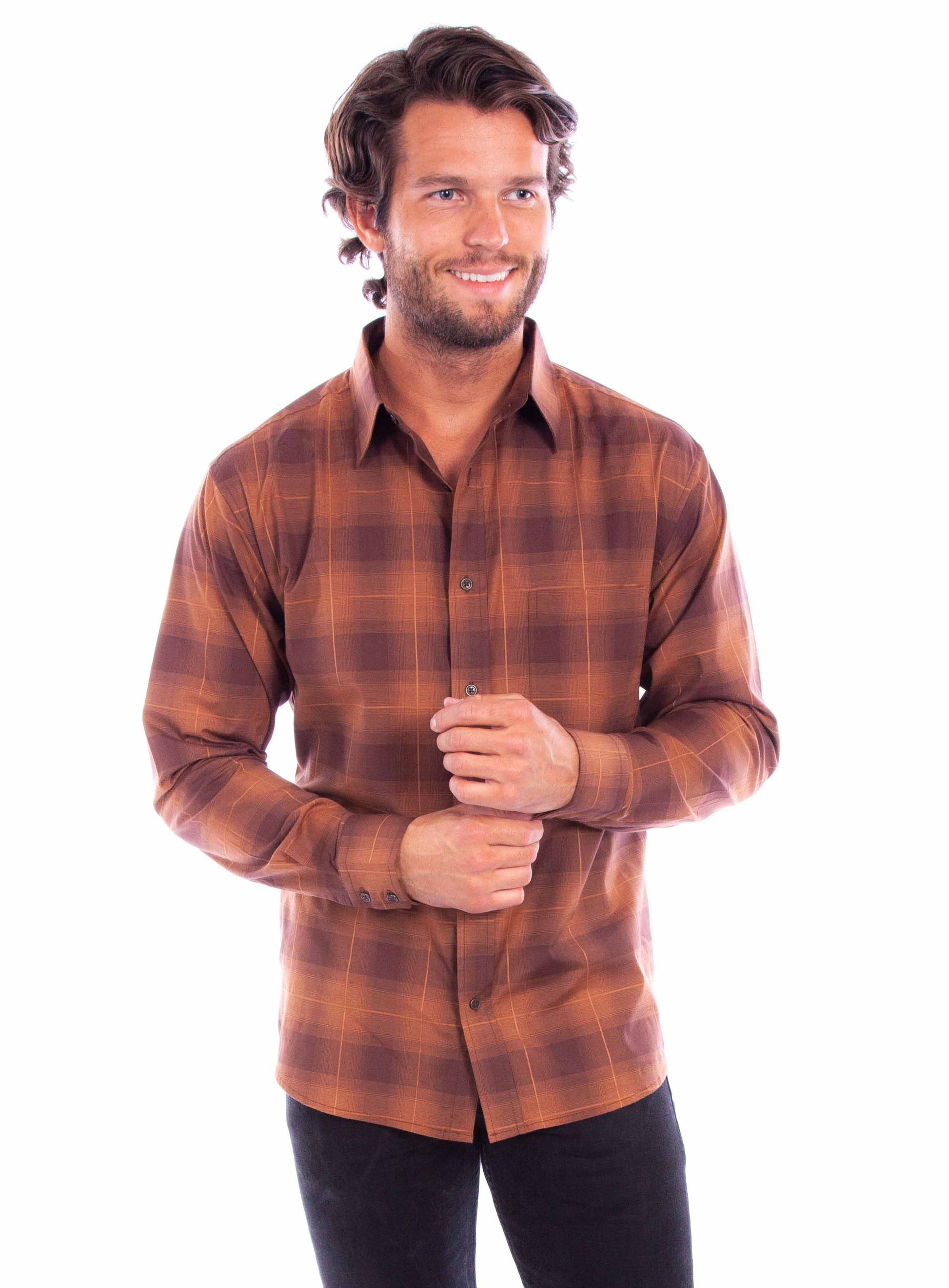 Scully Men's Worn Out's Long Sleeve Plaid Shirt in Brown