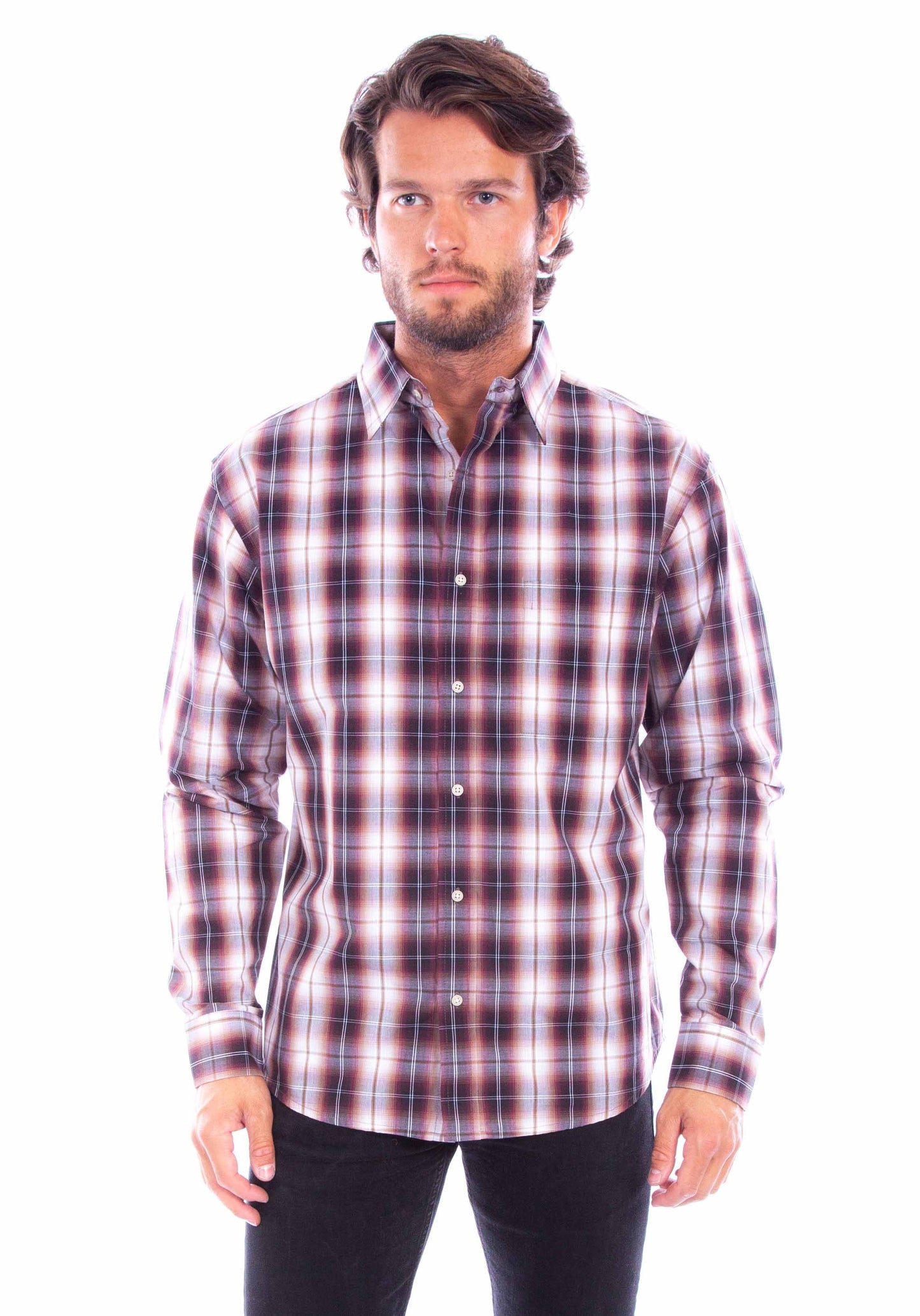 Scully Men's Worn Out's Long Sleeve Plaid Shirt in Burgundy