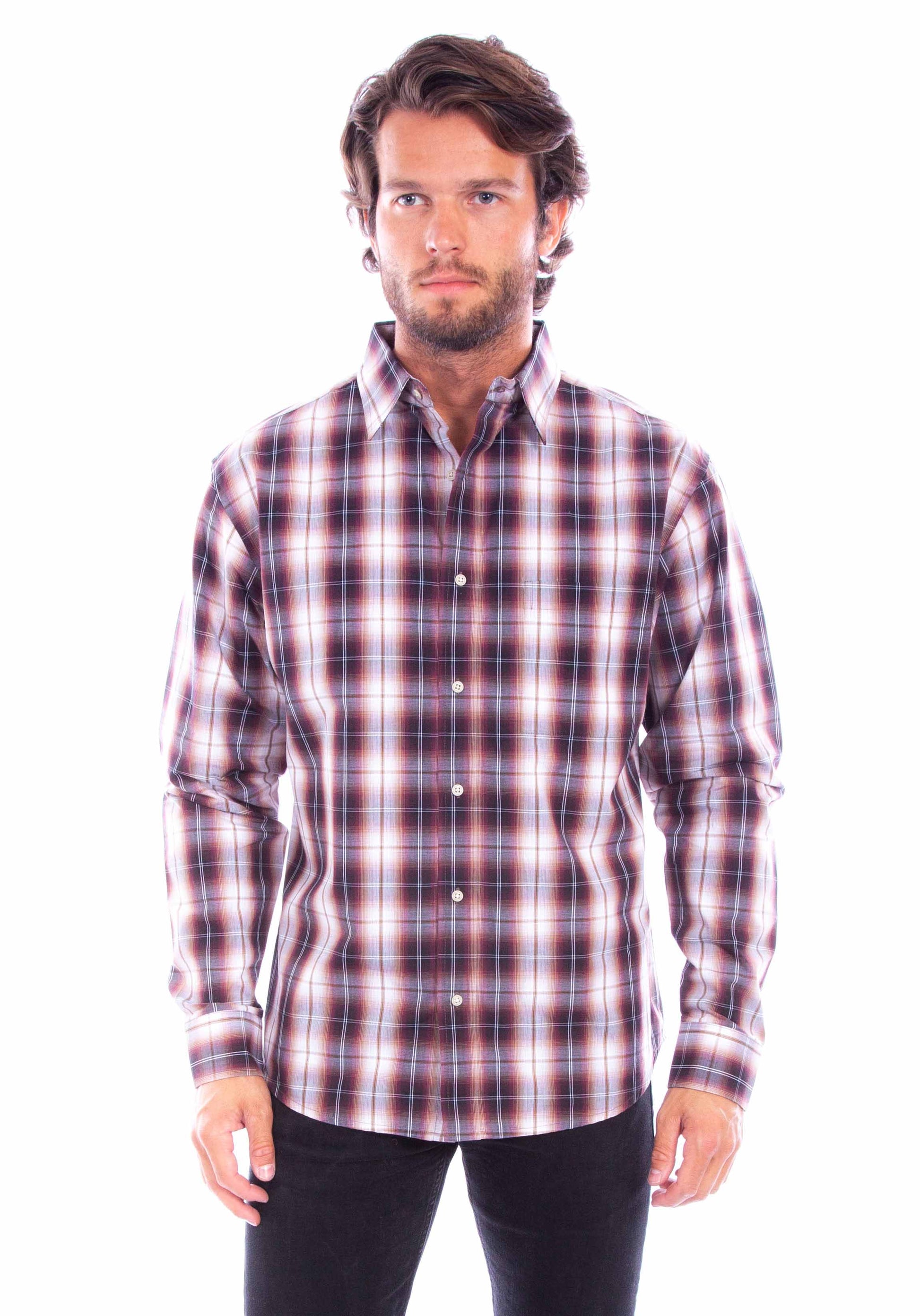 Scully Men's Worn Out's Long Sleeve Plaid Shirt in Burgundy