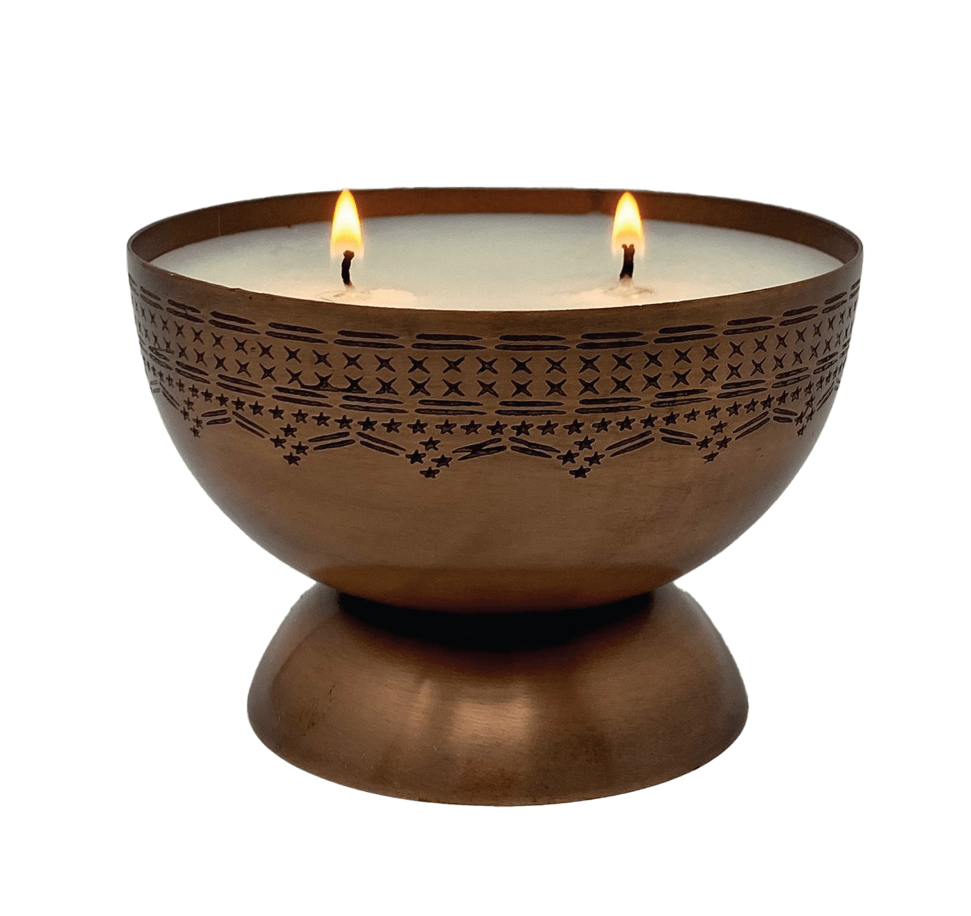 Bronze candle holder with two lit candle wicks on a white background
