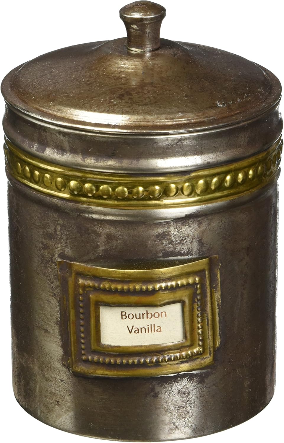 Decorative metal container with a lid and a label on a white background