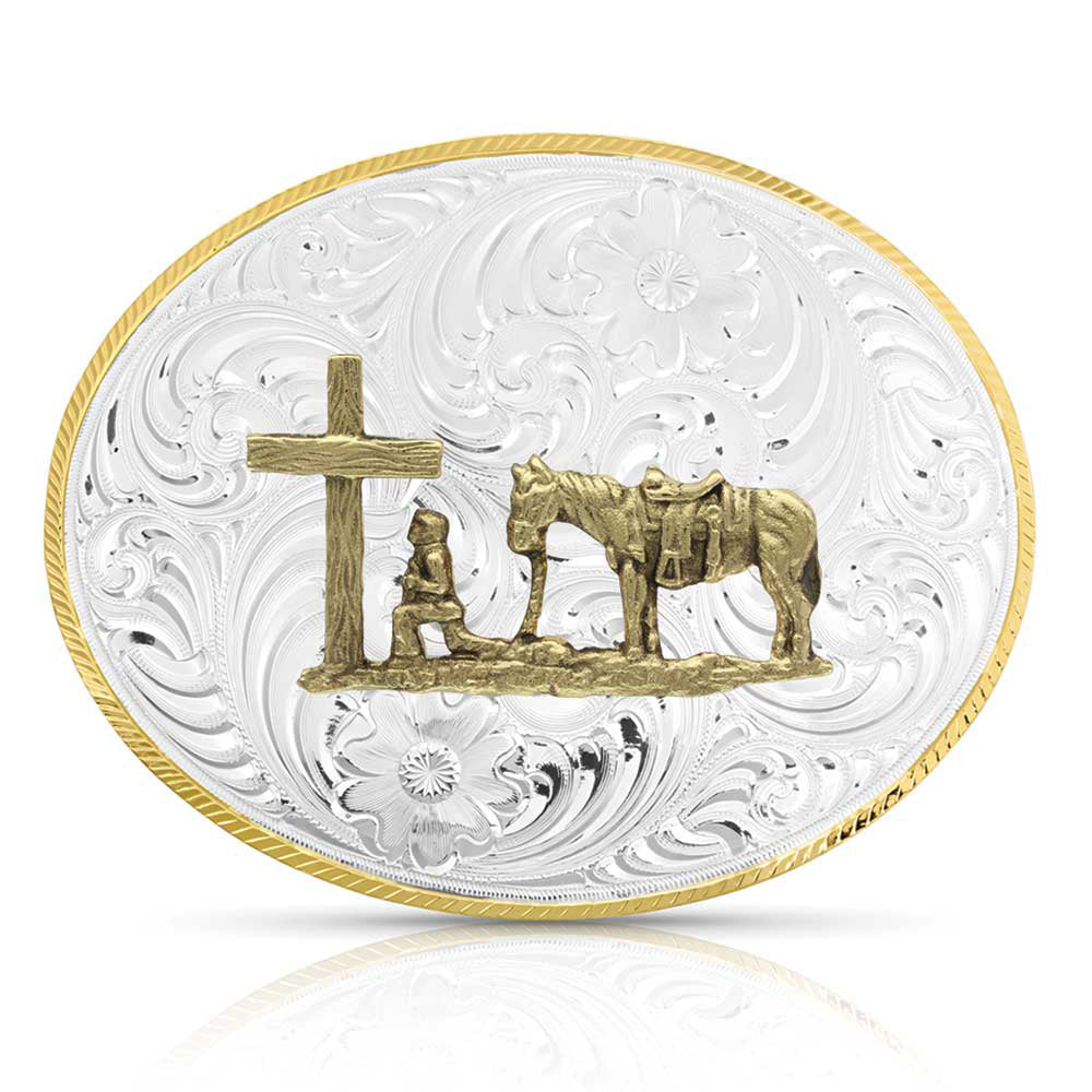 Montana Silversmiths Petite Two-Tone Engraved Buckle with Christian Cowboy