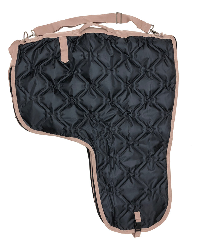 Black quilted saddle bag carrier with beige border on a white background