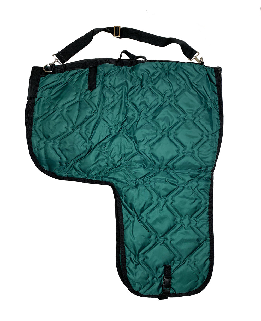 Teal quilted saddle bag carrier with black trim on a white background