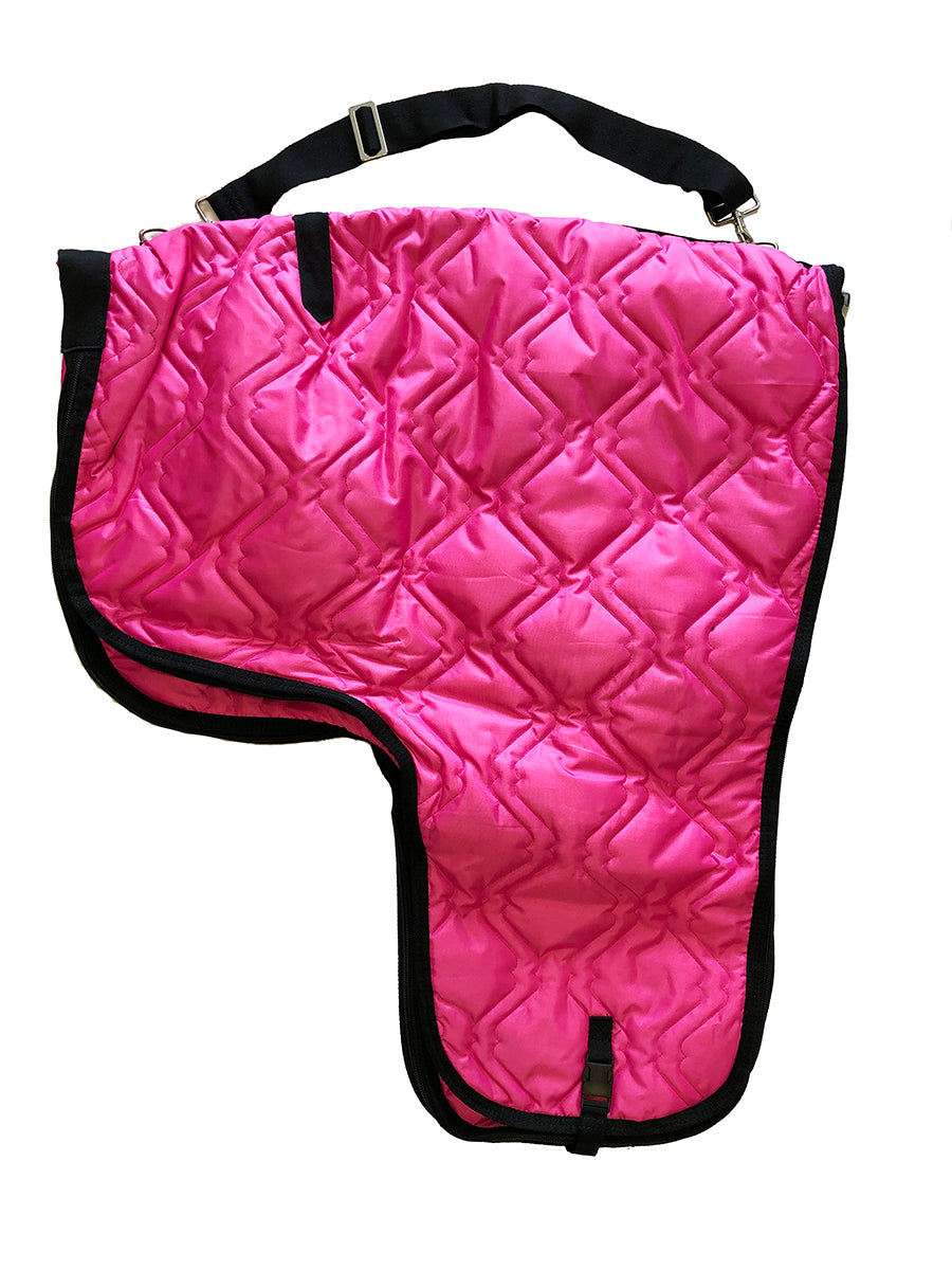 Pink quilted saddle bag carrier with black trim on a white background