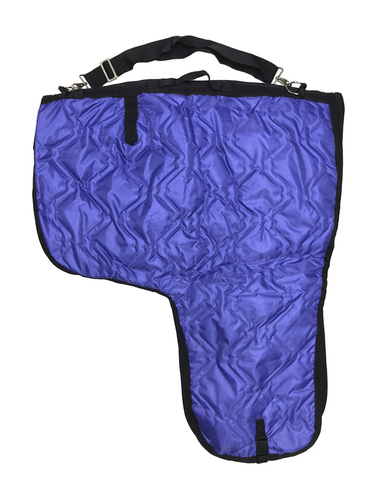 Blue quilted saddle bag carrier with black straps on a white background