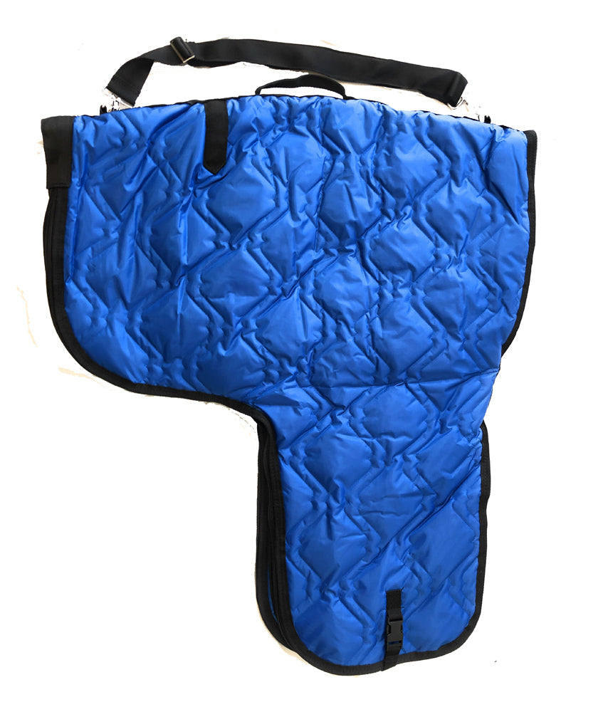 Blue quilted saddle bag carrier with black straps on a white background