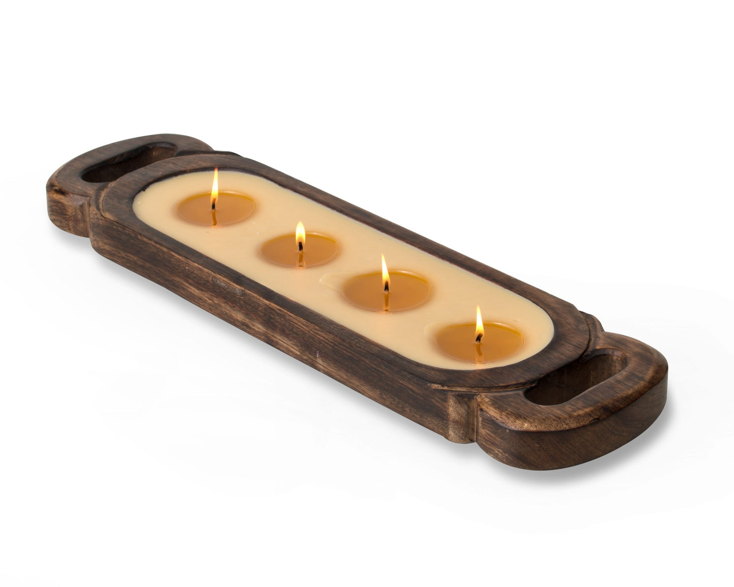 Wooden candle tray holder with four lit candles on a white background
