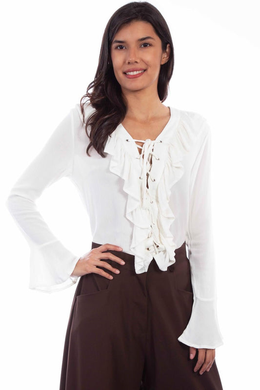 Scully Rangewear Women's Ruffle Lace Up Blouse Shirt - White
