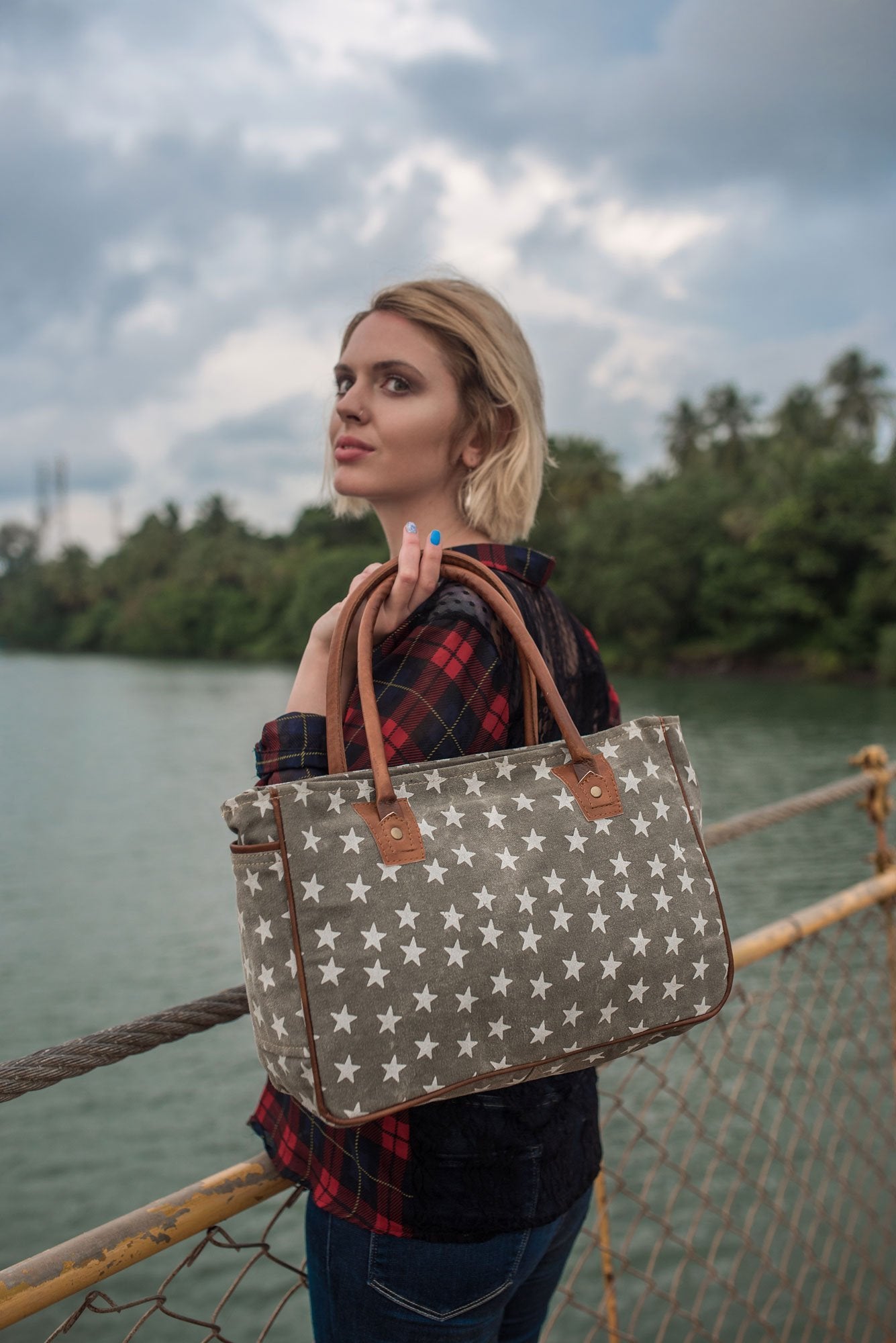 Myra Bag Women's Freedom Of Stars Grey Tote Bag Double Handle Canvas New