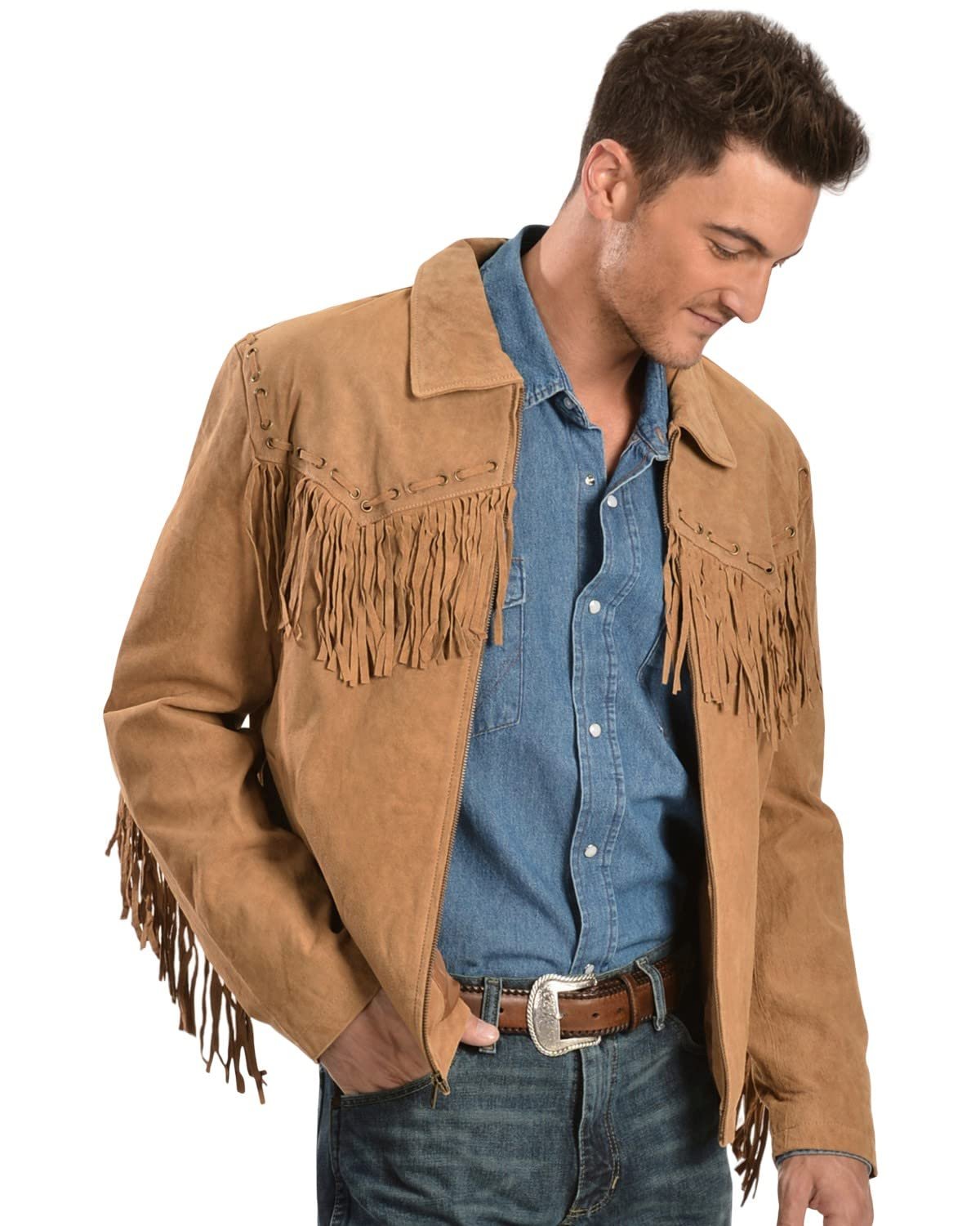 Scully Men's Boar Suede Fringe Leather Jacket - Bourbon