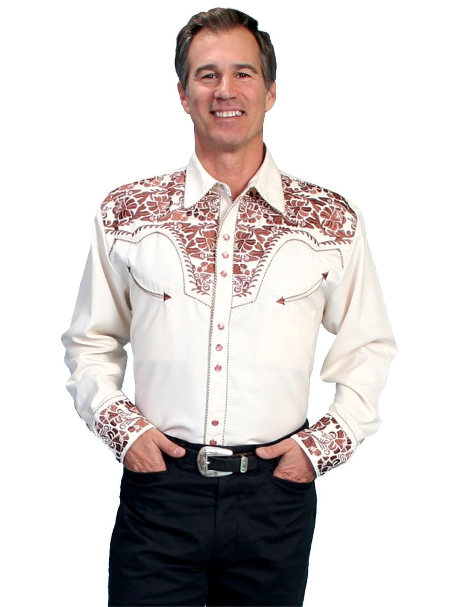 Scully Western Men's Floral Tooled Embroidered Snap Front Shirt - Natural