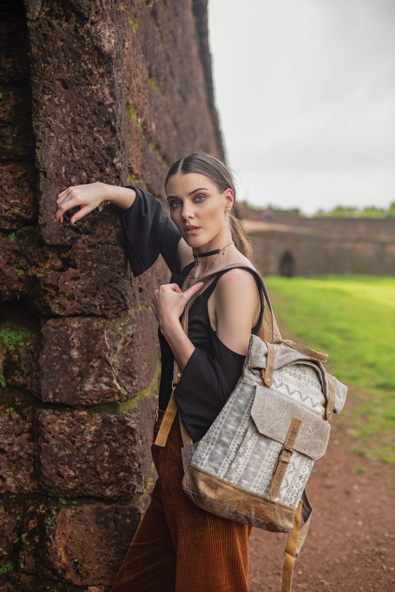 Myra Bag Classy Backpack Bag in Ivory and Brown