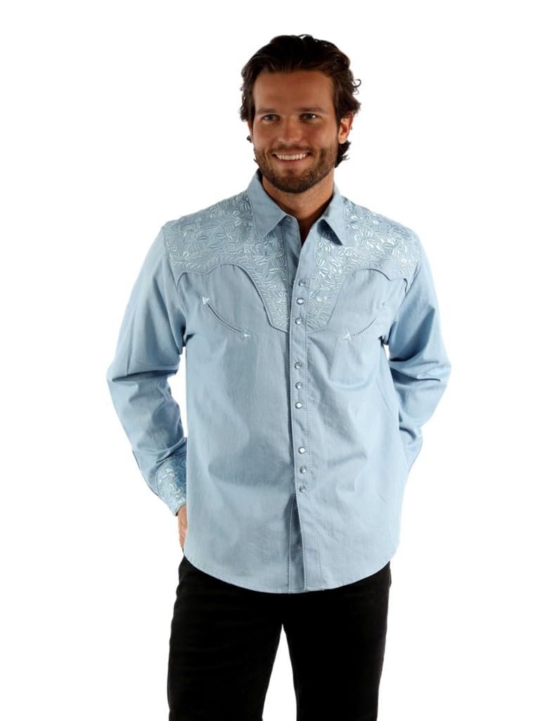 Scully Western Men's Floral Tooled Embroidered Snap Front Shirt - Light Blue