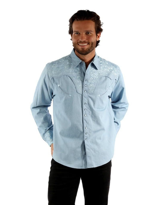 Scully Western Men's Floral Tooled Embroidered Snap Front Shirt - Light Blue